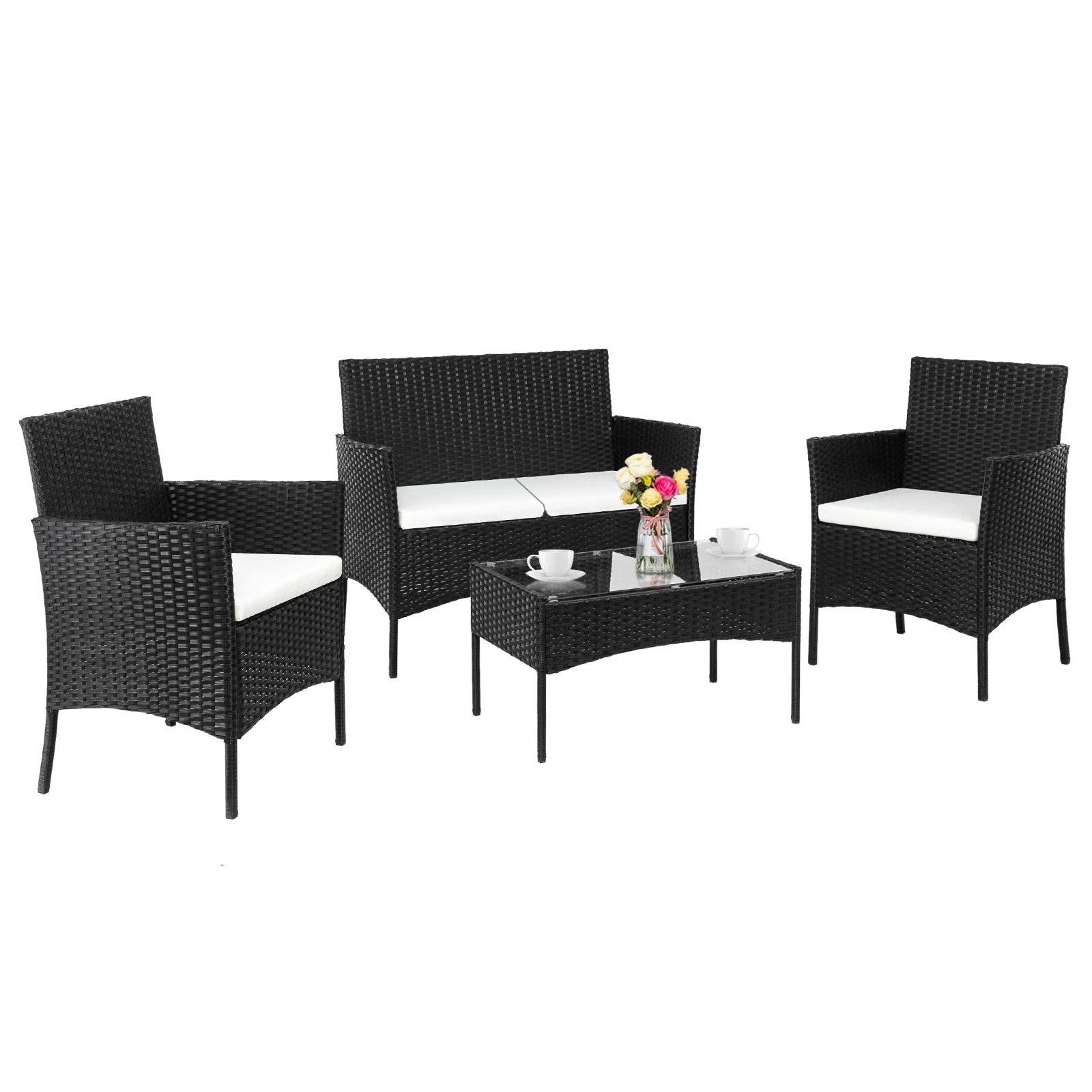 2pcs Arm Chairs 1pc Love Seat & Tempered Glass Coffee Table Rattan Sofa Set Black view 21