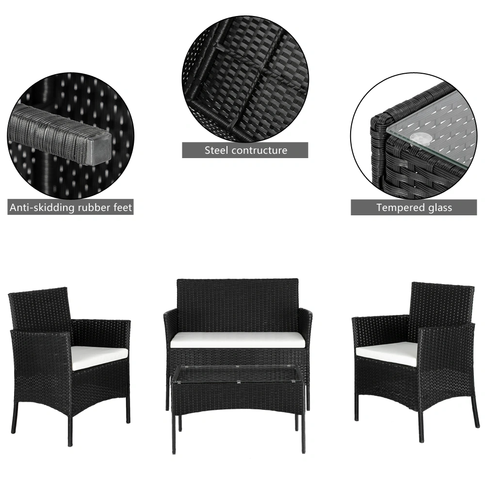 2pcs Arm Chairs 1pc Love Seat & Tempered Glass Coffee Table Rattan Sofa Set Black view 43