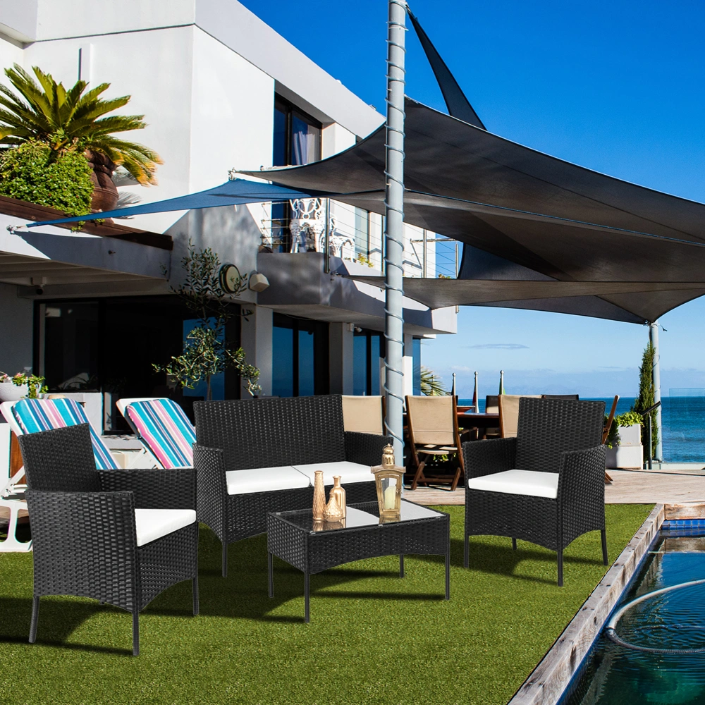 2pcs Arm Chairs 1pc Love Seat & Tempered Glass Coffee Table Rattan Sofa Set Black view 56