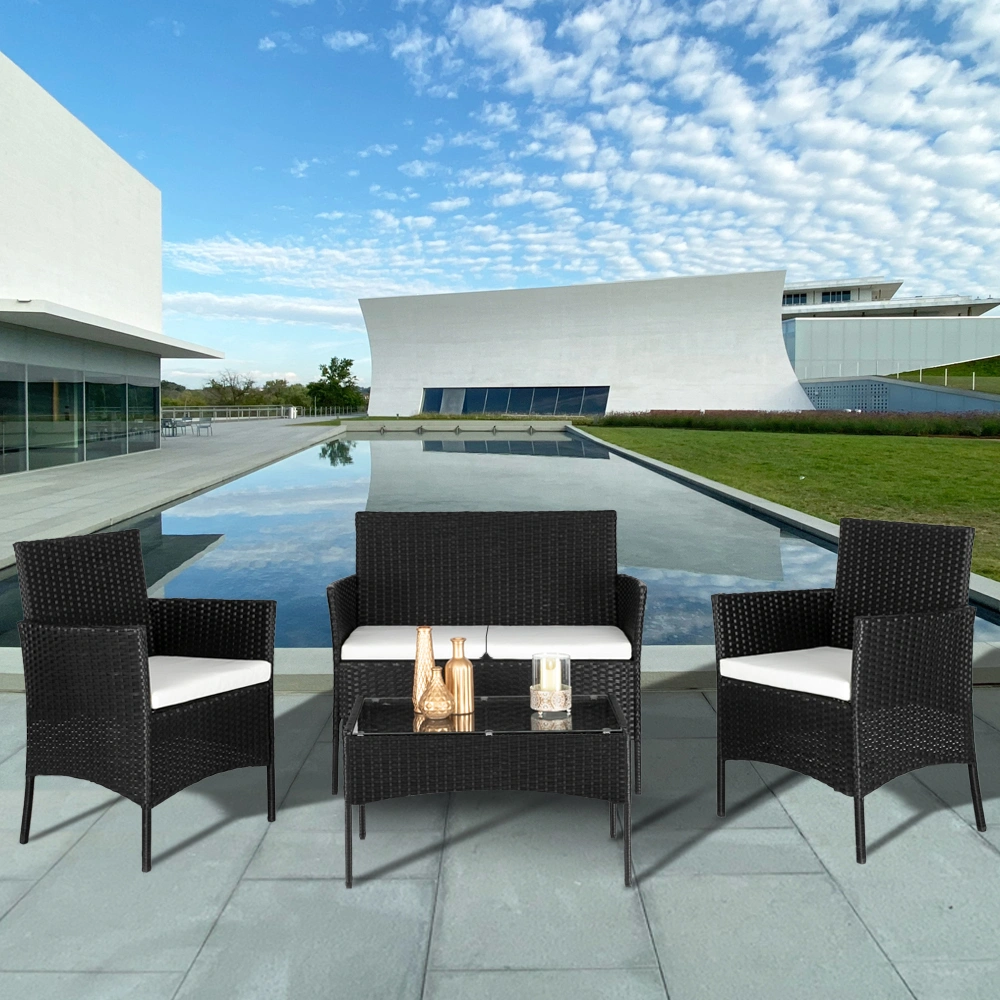 2pcs Arm Chairs 1pc Love Seat & Tempered Glass Coffee Table Rattan Sofa Set Black view 60