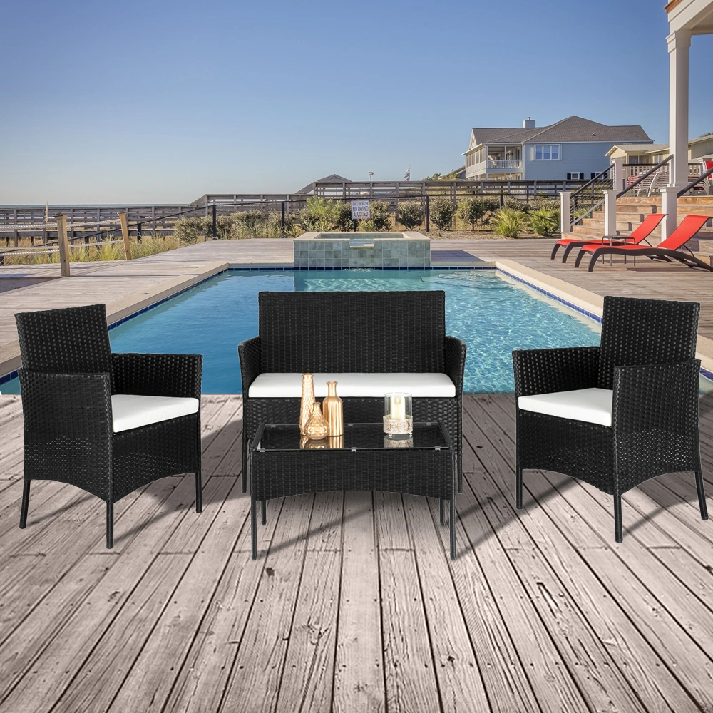 2pcs Arm Chairs 1pc Love Seat & Tempered Glass Coffee Table Rattan Sofa Set Black view 69