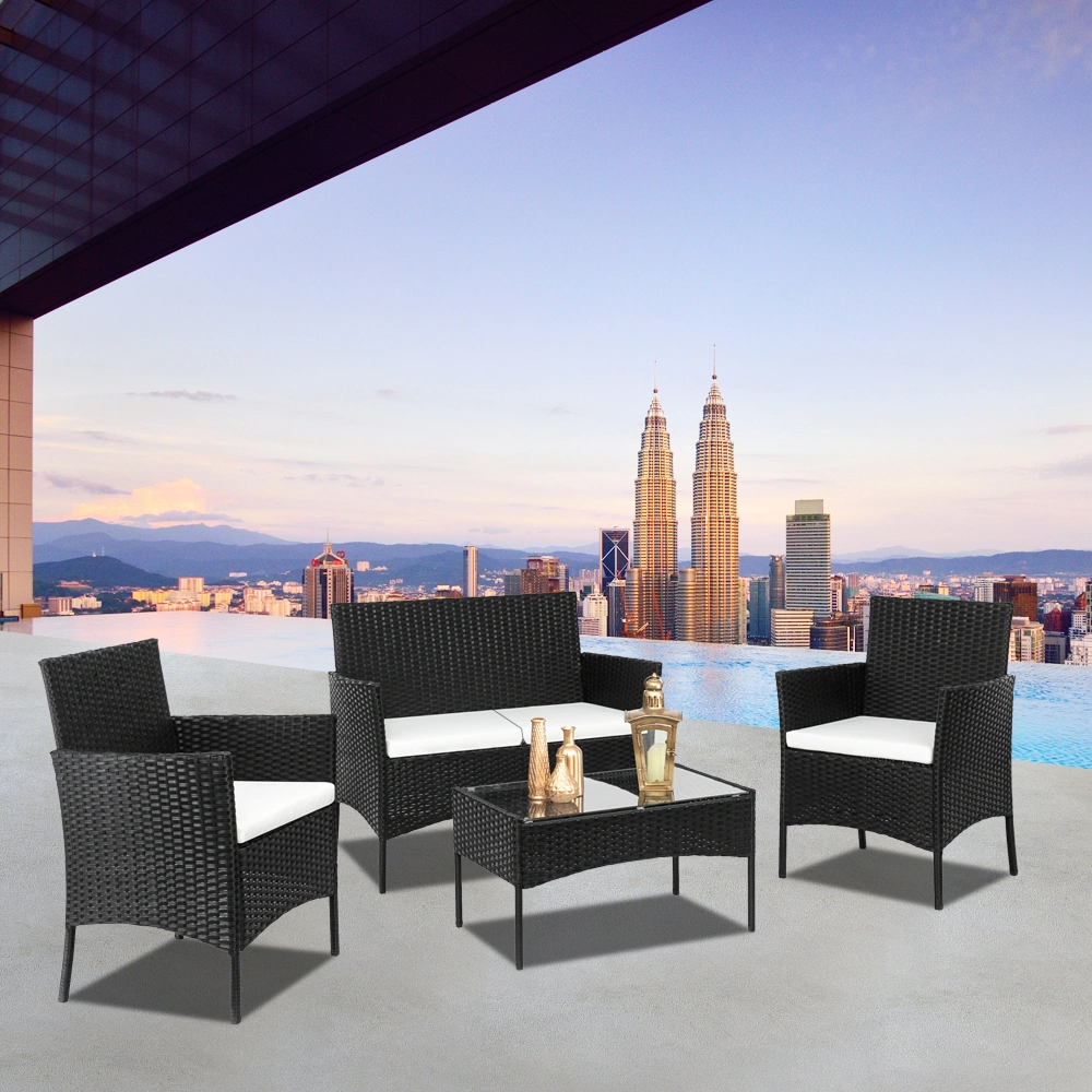 2pcs Arm Chairs 1pc Love Seat & Tempered Glass Coffee Table Rattan Sofa Set Black view 80