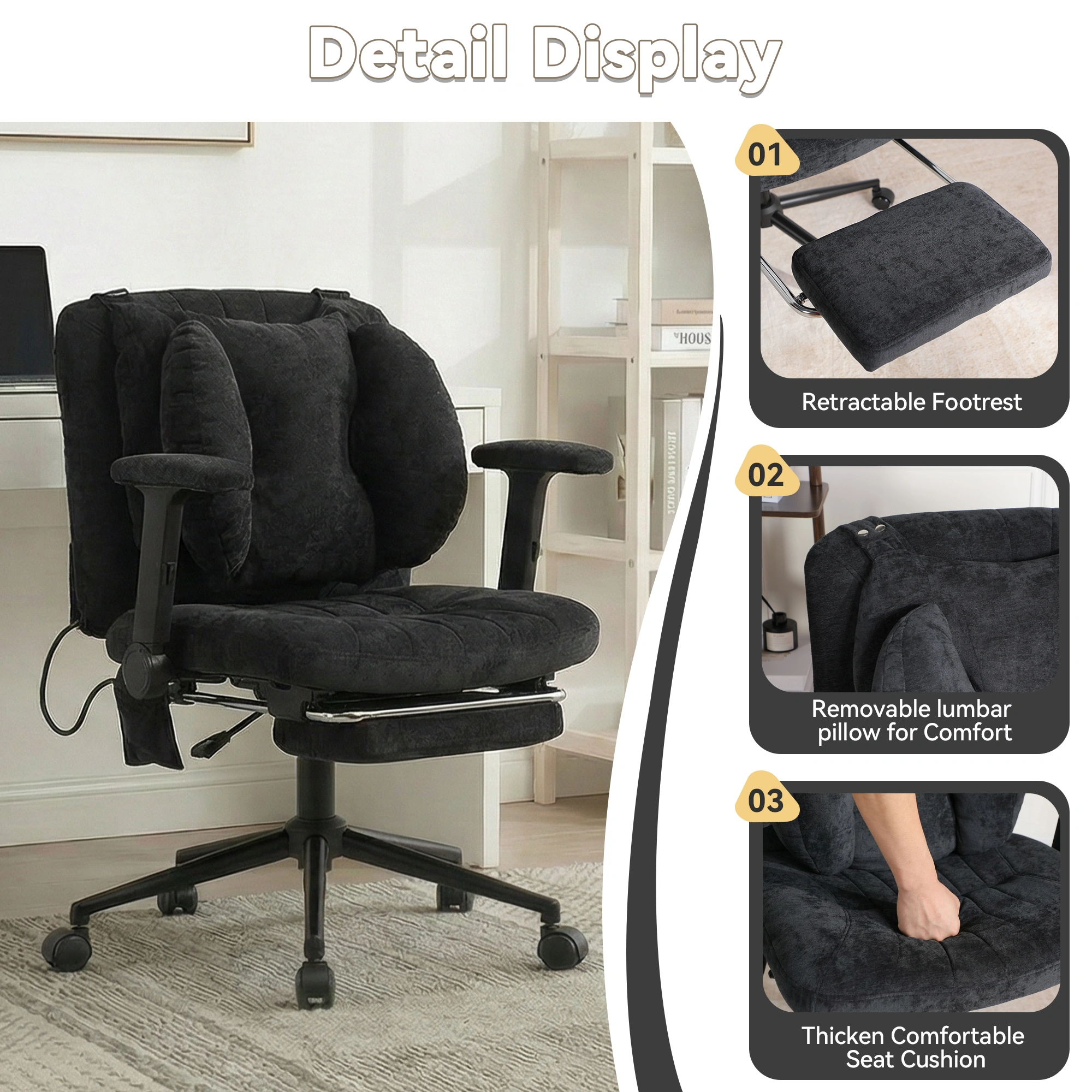 Gaming Office Chair with Footrest, Height Adjustable Swivel Desk Chair with Armrests & Casters, Black view 5