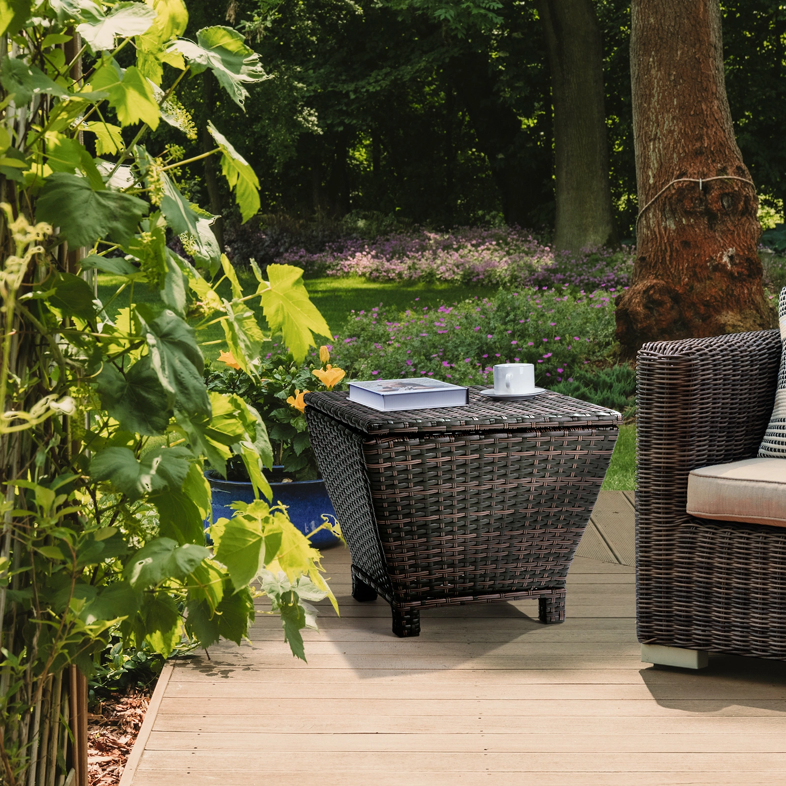 Outdoor PE Wicker Side Table with Storage, Small Patio Storage Bin Container for Hose Cushion Towel, Brown view 10