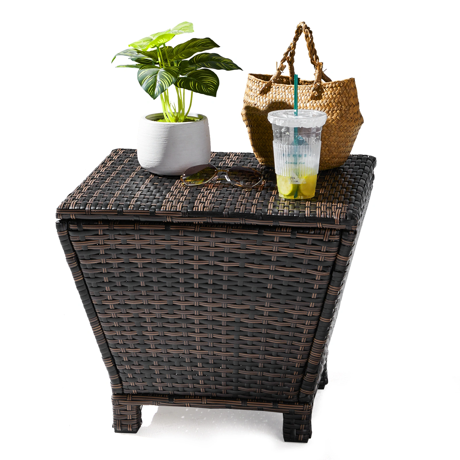 Outdoor PE Wicker Side Table with Storage, Small Patio Storage Bin Container for Hose Cushion Towel, Brown view 18