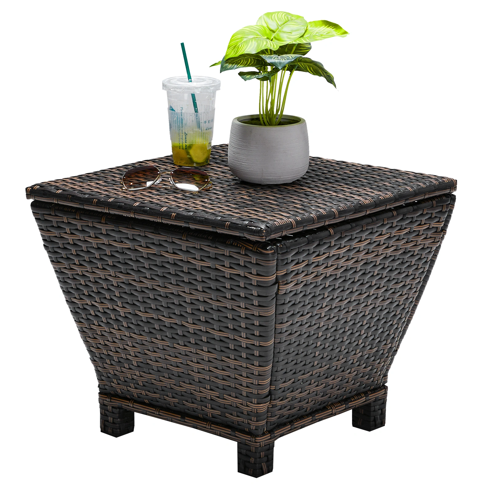 Outdoor PE Wicker Side Table with Storage, Small Patio Storage Bin Container for Hose Cushion Towel, Brown view 19