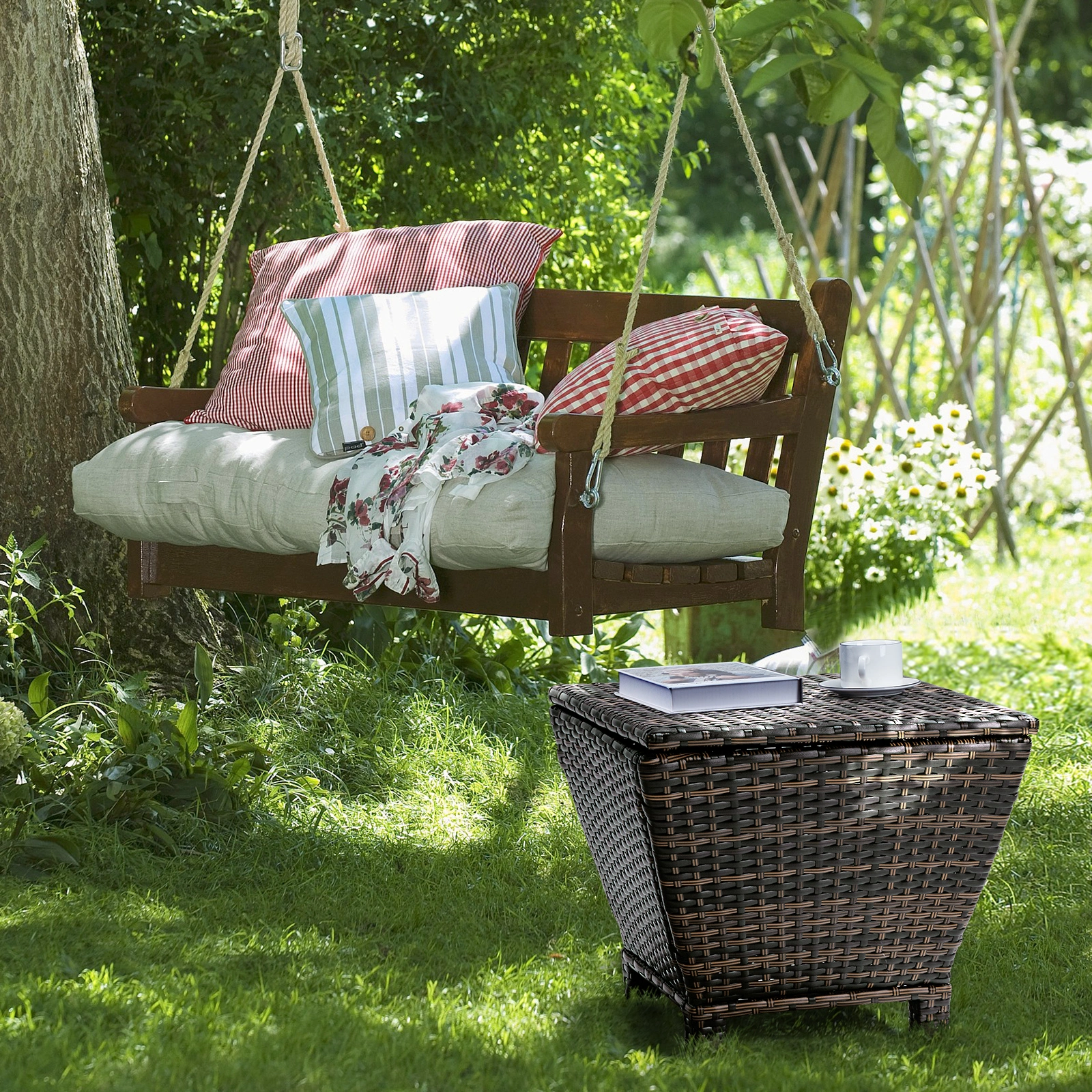Outdoor PE Wicker Side Table with Storage, Small Patio Storage Bin Container for Hose Cushion Towel, Brown view 23