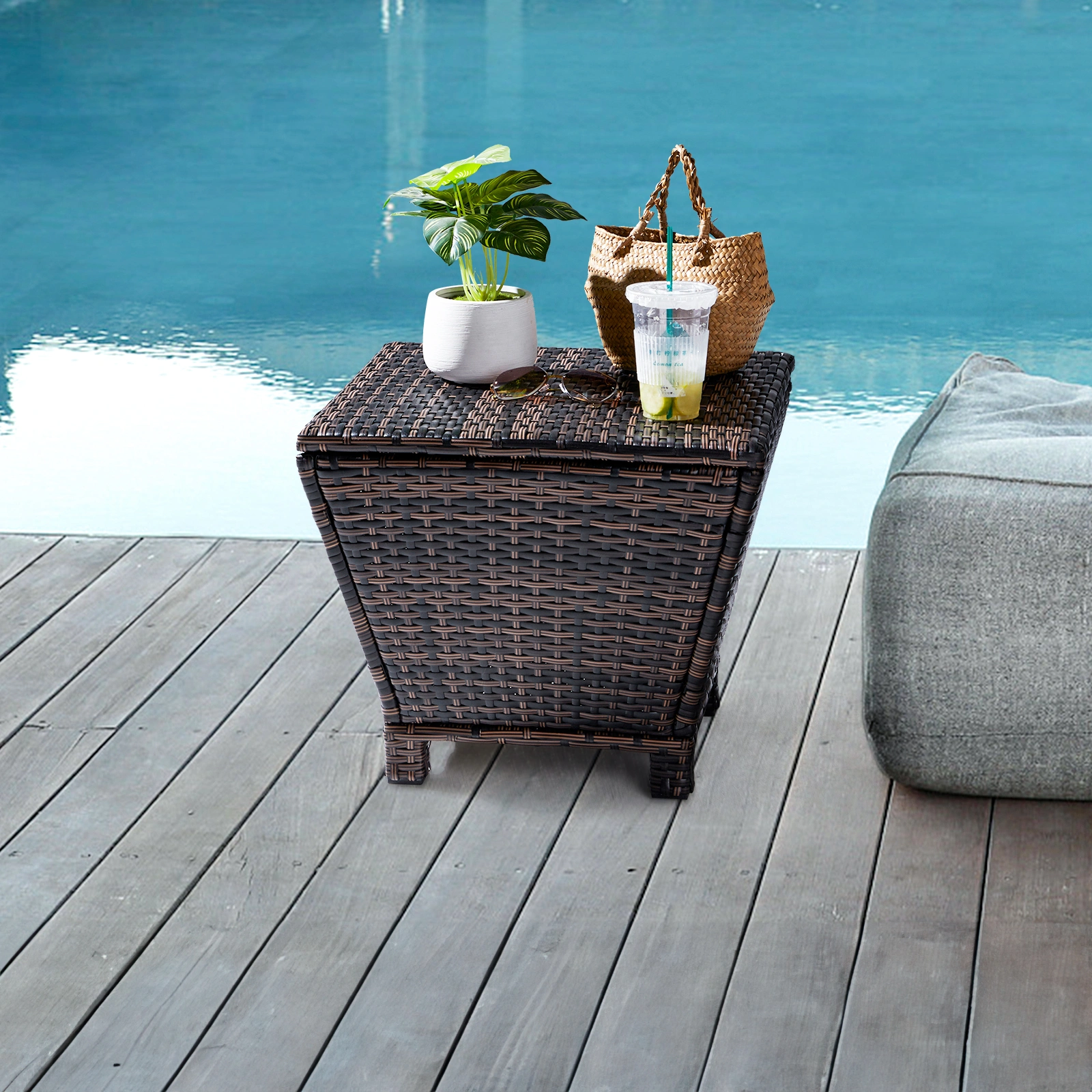 Outdoor PE Wicker Side Table with Storage, Small Patio Storage Bin Container for Hose Cushion Towel, Brown view 25