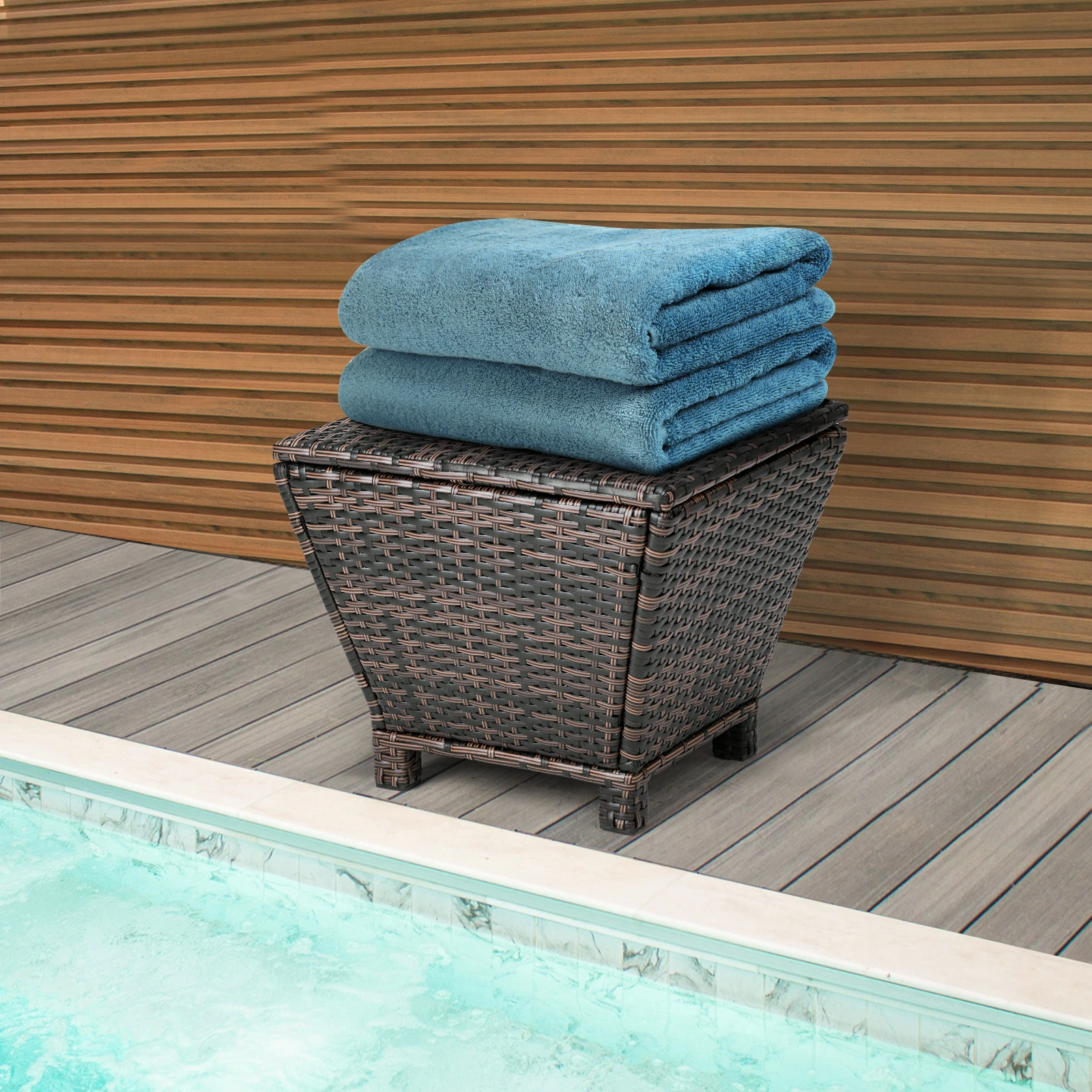 Outdoor PE Wicker Side Table with Storage, Small Patio Storage Bin Container for Hose Cushion Towel, Brown view 26