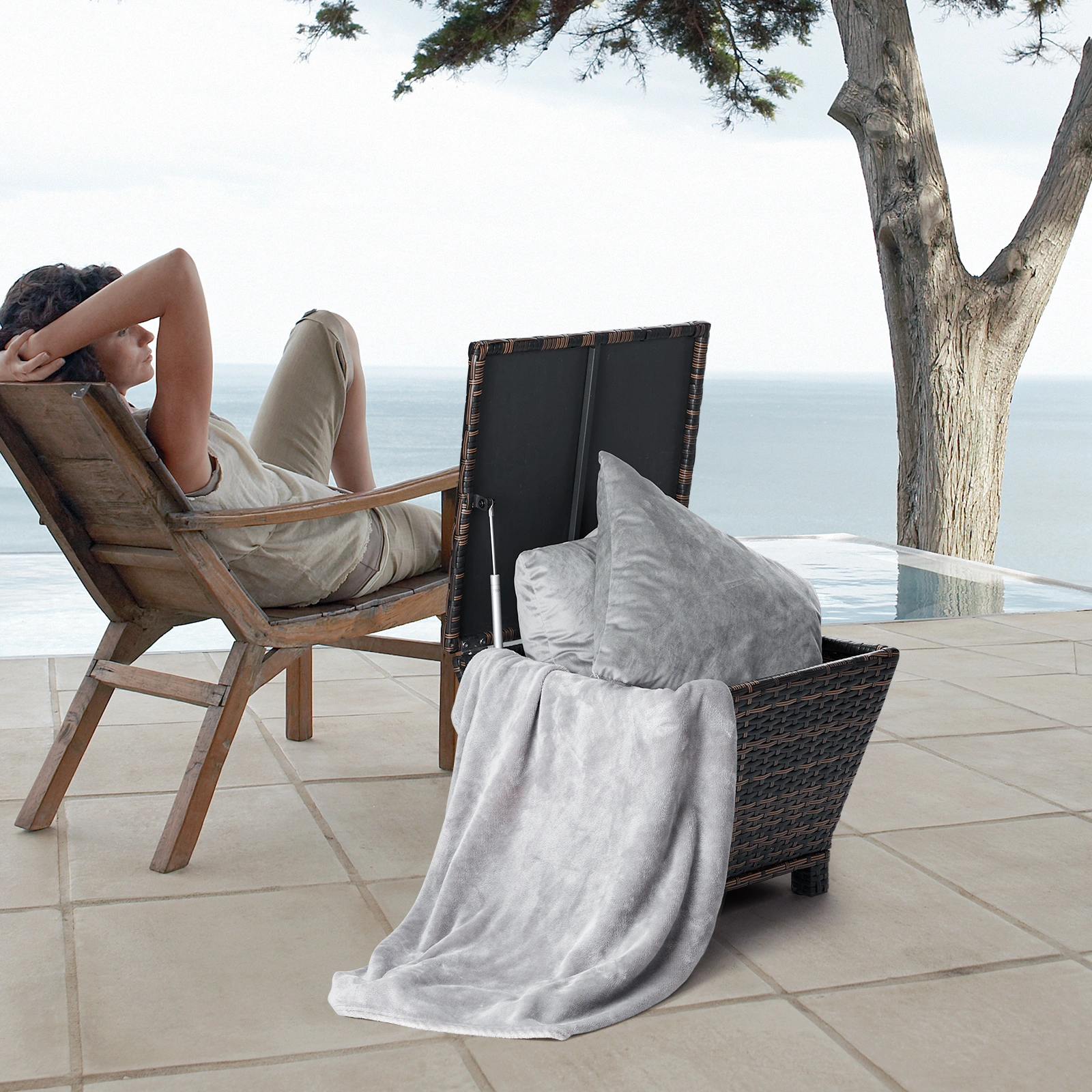 Outdoor PE Wicker Side Table with Storage, Small Patio Storage Bin Container for Hose Cushion Towel, Brown view 6