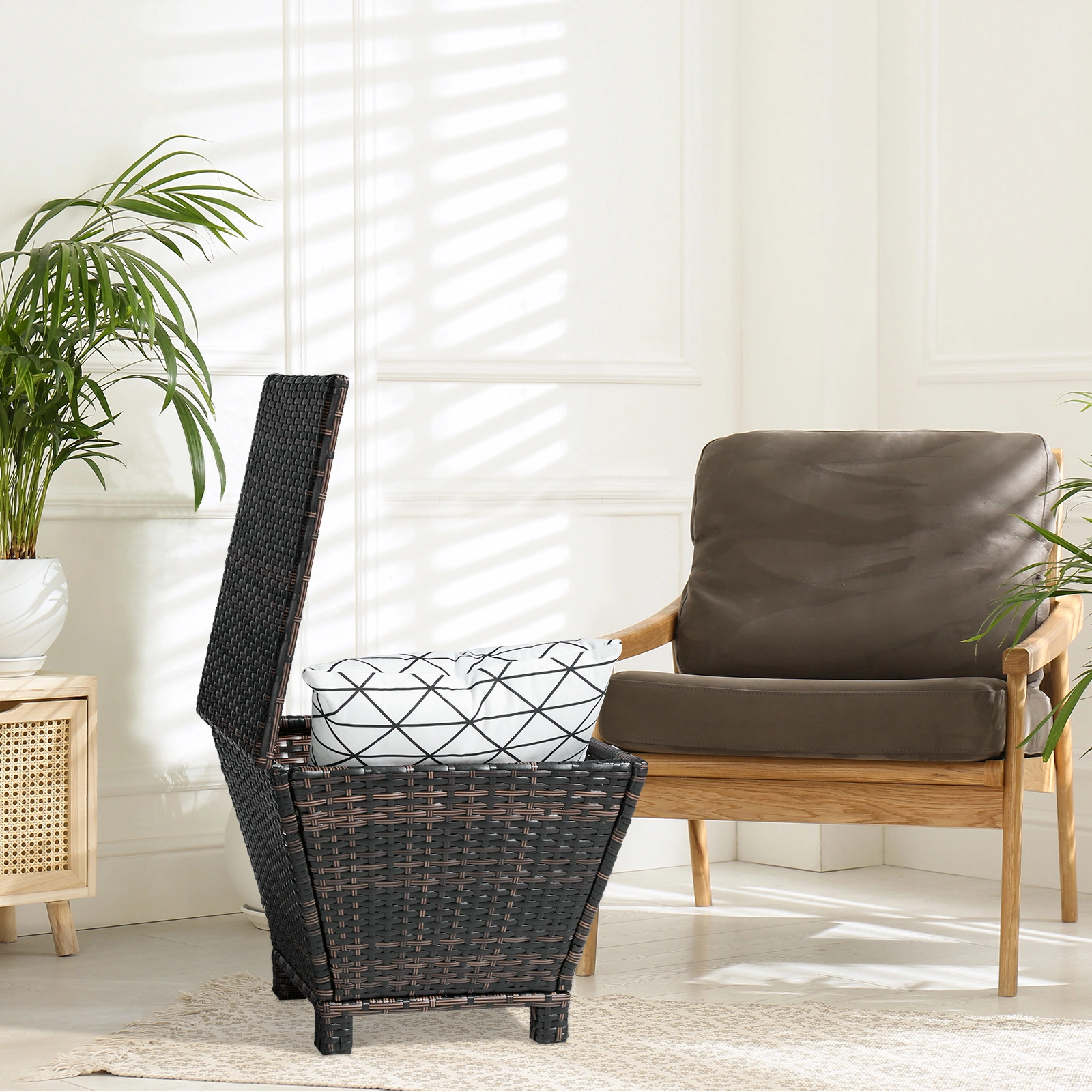 Outdoor PE Wicker Side Table with Storage, Small Patio Storage Bin Container for Hose Cushion Towel, Brown view 8