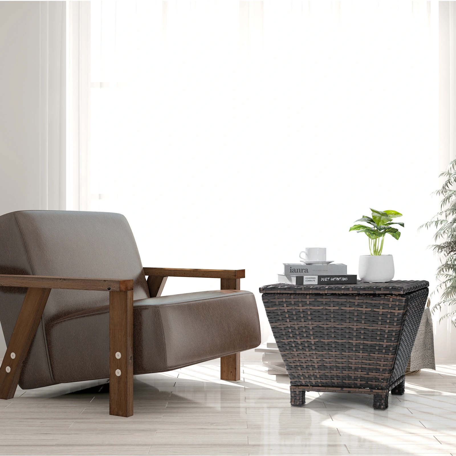 Outdoor PE Wicker Side Table with Storage, Small Patio Storage Bin Container for Hose Cushion Towel, Brown view 9