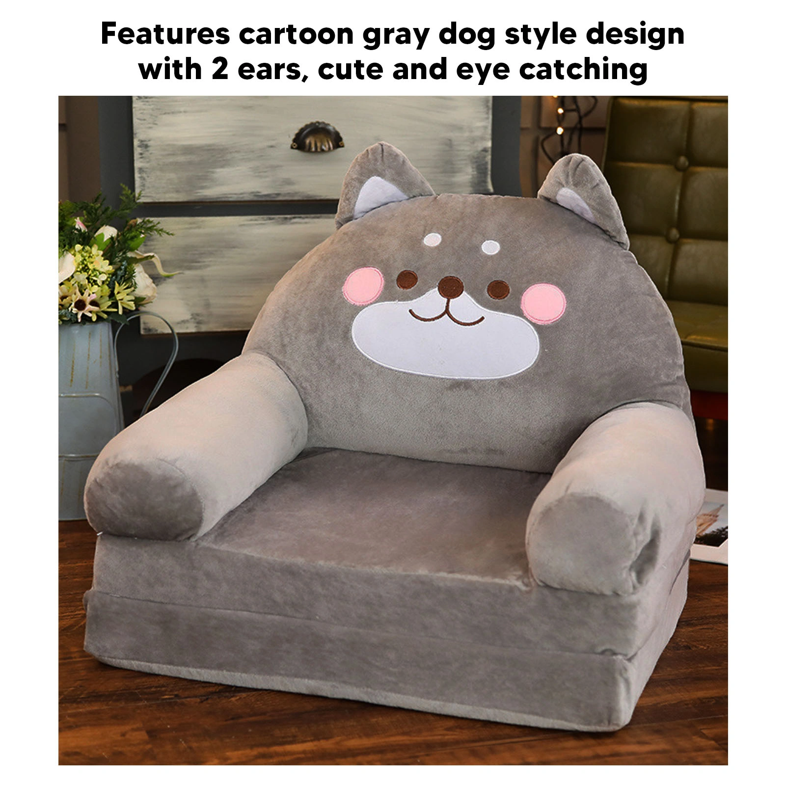 Kids Sofa Foldable Cartoon Dog Style with Wide Handle, Soft Breathable Toddler Chair for Reading Sleeping, Gray, 2 Layers