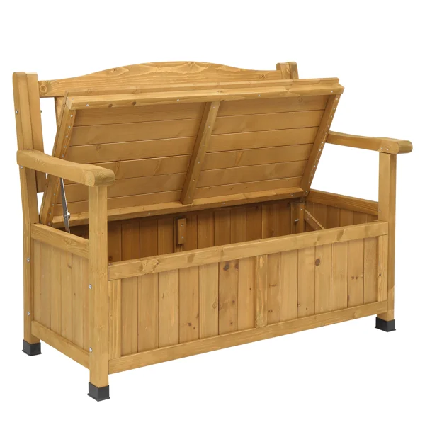 Outdoor Wooden Storage Bench, Large Deck Box with Seating & Armrest, Patio Organizer Loveseat for Garden Porch Deck Backyard Poolside view 6