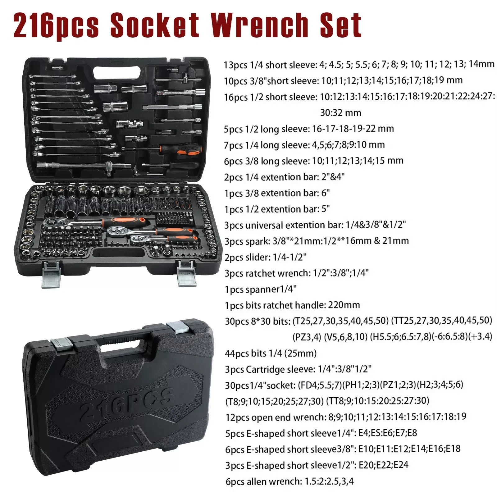216PC Socket Wrench Set 1/4 3/8 1/2 Inch Drive Ratchet Spanner Mechanic Tool Kit
