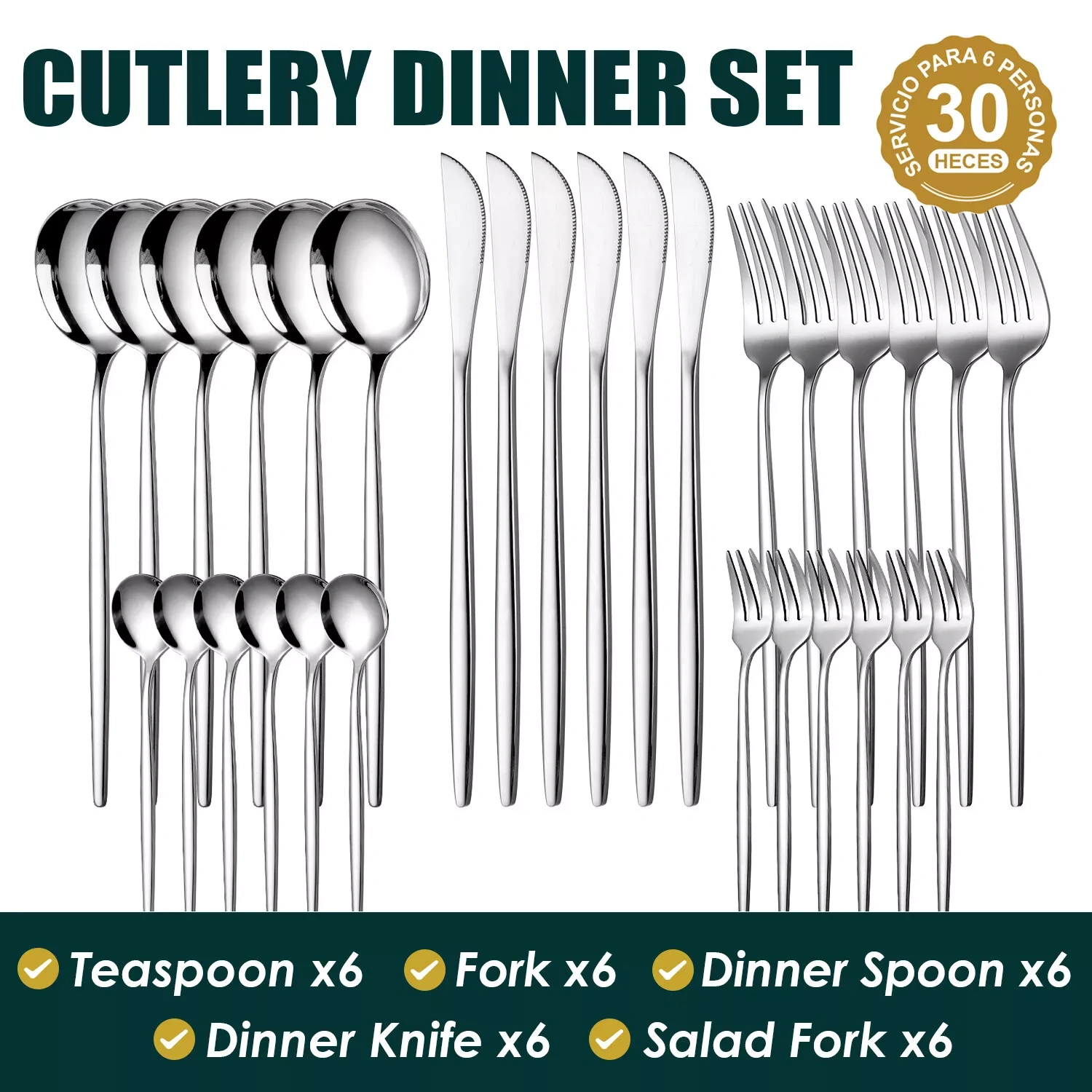 30Pcs Stainless Steel Cutlery Dinner Set with Metal Stand Rack Forks Tea Spoons Kitchen Utensils Polish