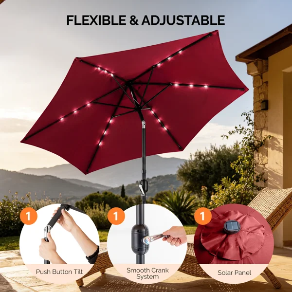 9ft Solar LED Patio Umbrella with Push Button Tilt & Crank, 6 Ribs Waterproof Polyester Outdoor Market Table Umbrella for Garden Backyard Pool, Burgundy view 4