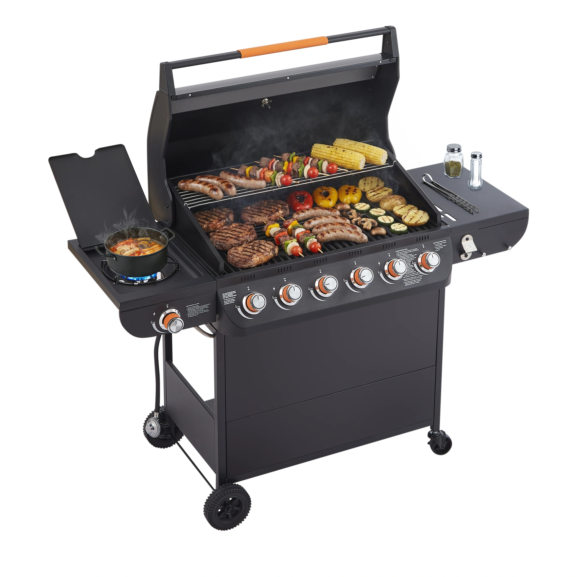 6 Burner Propane Gas Grill 72000 BTU Stainless Steel BBQ with Side Burner, Cast Iron Grates, Side Tables for Outdoor Patio Backyard view 17