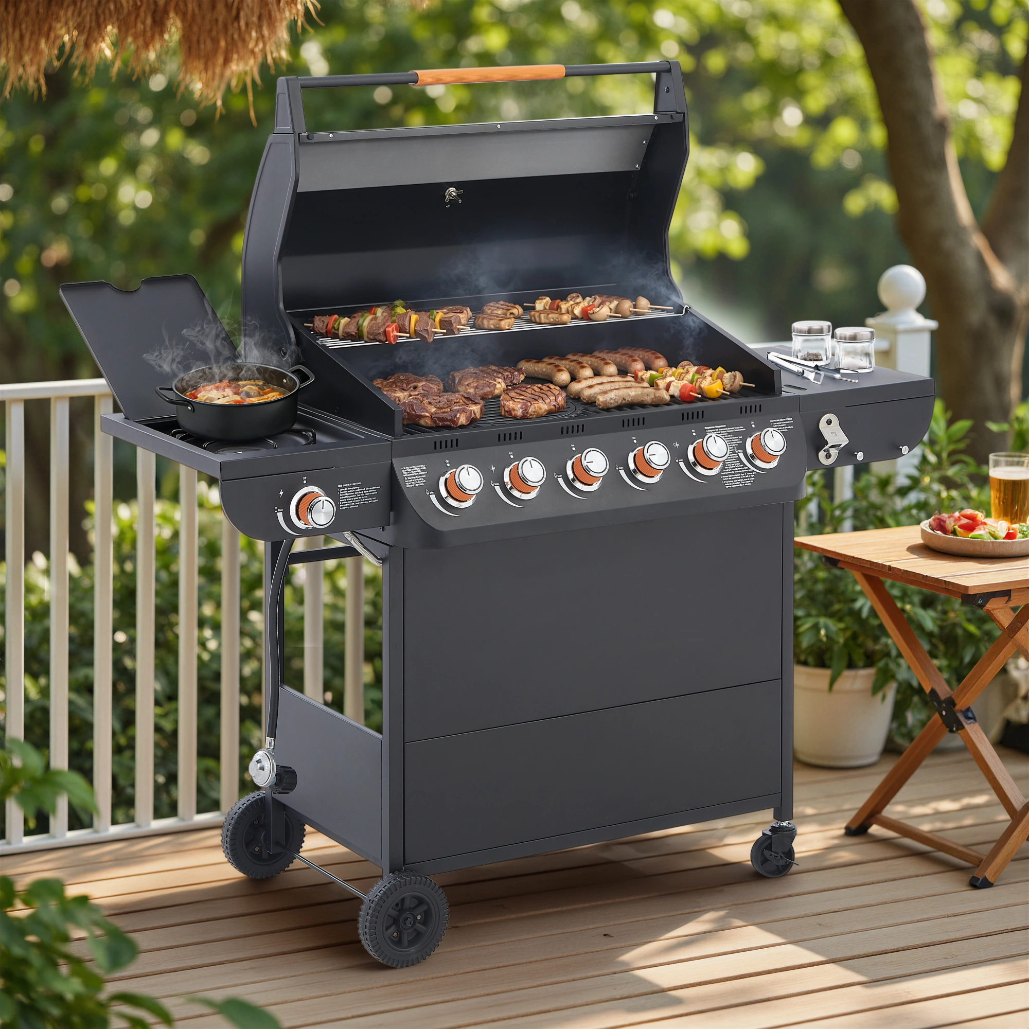 6 Burner Propane Gas Grill 72000 BTU Stainless Steel BBQ with Side Burner, Cast Iron Grates, Side Tables for Outdoor Patio Backyard view 2