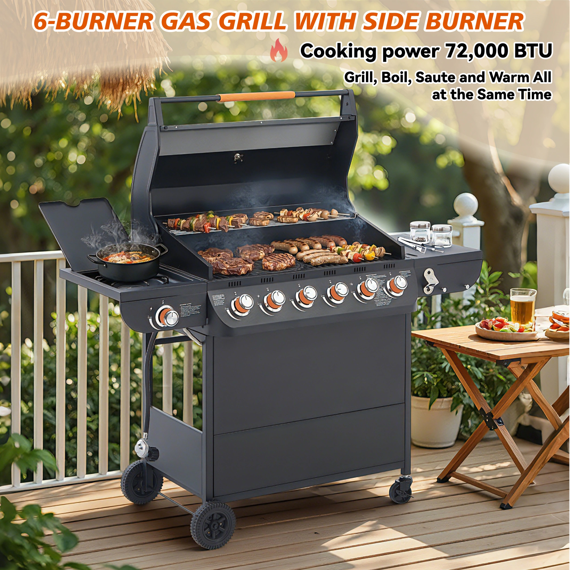 6 Burner Propane Gas Grill 72000 BTU Stainless Steel BBQ with Side Burner, Cast Iron Grates, Side Tables for Outdoor Patio Backyard view 3