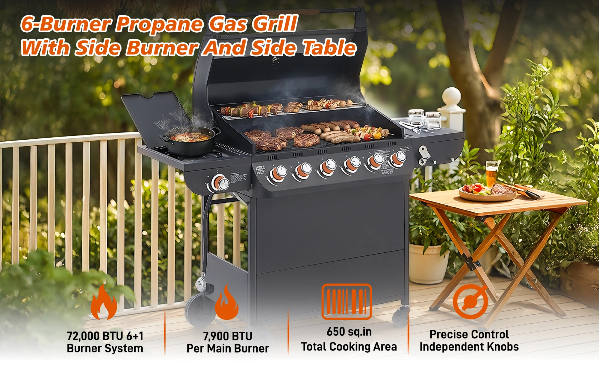 6 Burner Propane Gas Grill 72000 BTU Stainless Steel BBQ with Side Burner, Cast Iron Grates, Side Tables for Outdoor Patio Backyard view 4