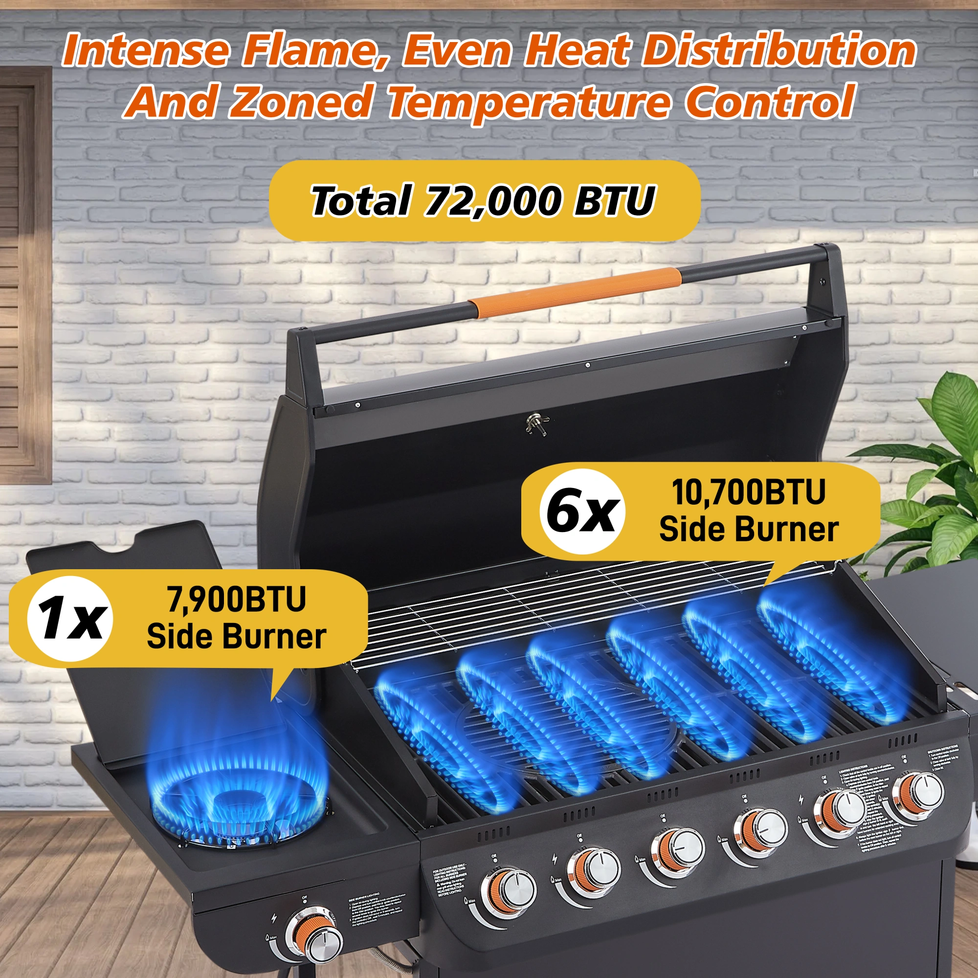 6 Burner Propane Gas Grill 72000 BTU Stainless Steel BBQ with Side Burner, Cast Iron Grates, Side Tables for Outdoor Patio Backyard view 6
