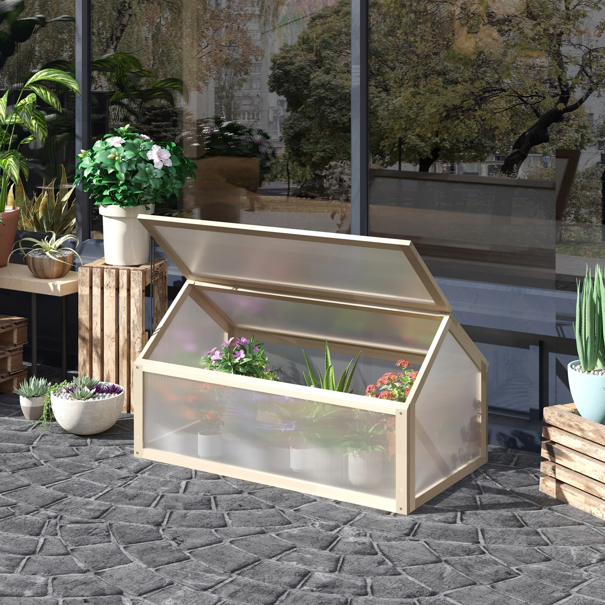 Wooden Cold Frame Greenhouse - Portable Garden Raised Planter Box with Hinged Lid for Outdoor Plants