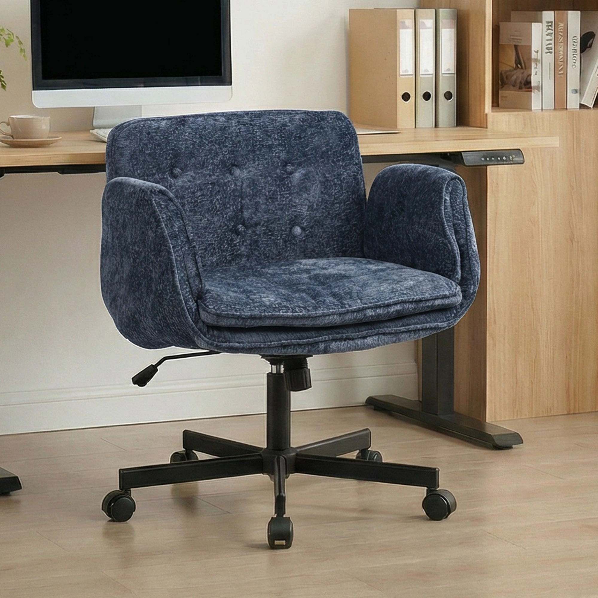 Home Office Chair Swivel Desk Chair with Casters, Height Adjustable Task Chair with Foldable Armrests, Blue