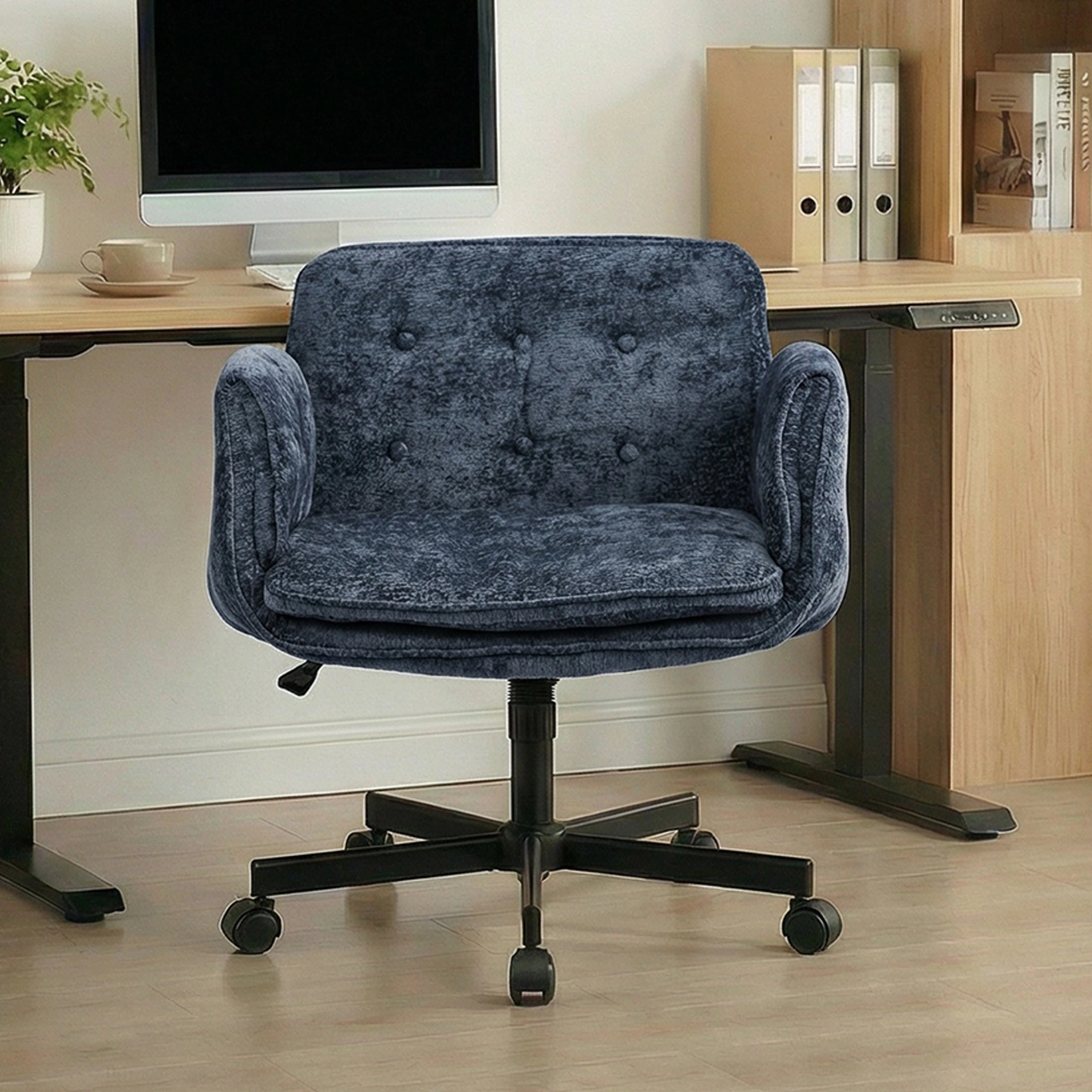 Home Office Chair Swivel Desk Chair with Casters, Height Adjustable Task Chair with Foldable Armrests, Blue view 2