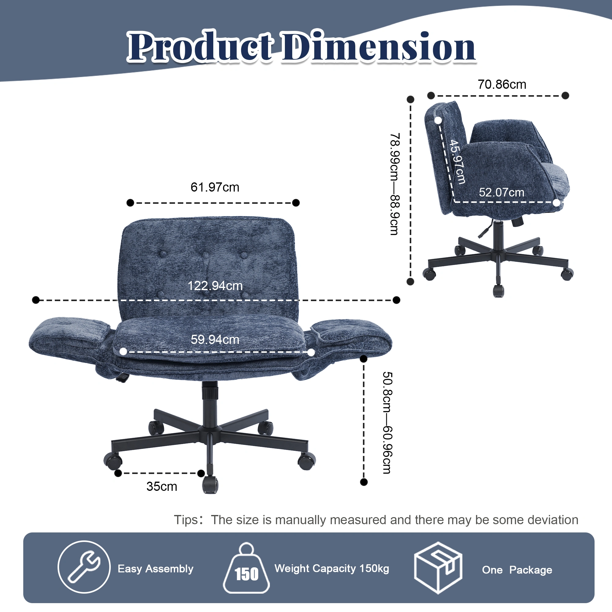 Home Office Chair Swivel Desk Chair with Casters, Height Adjustable Task Chair with Foldable Armrests, Blue view 3