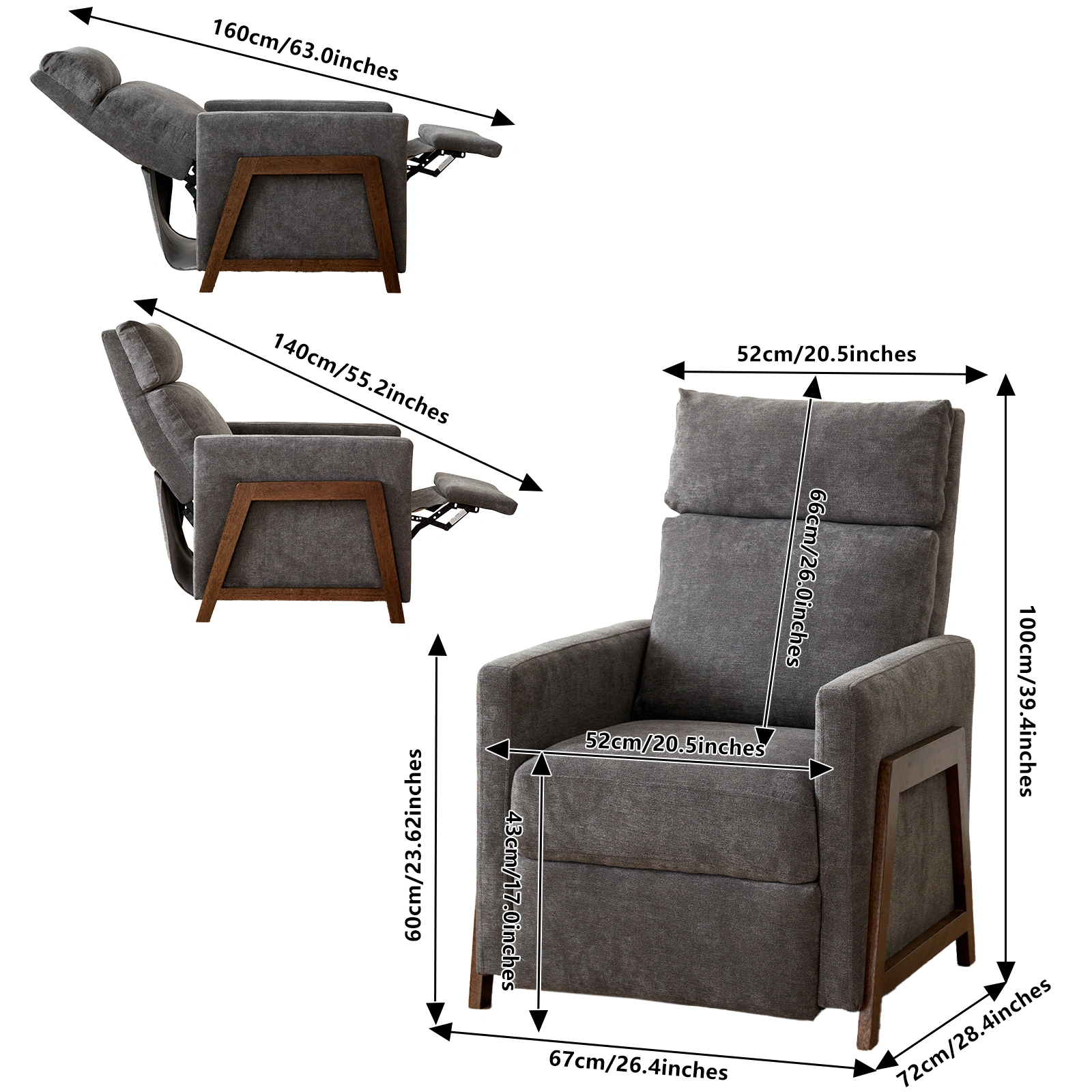 Grey Recliner Armchair with Adjustable Leg Rest Snow Wool Upholstered Padded Single Reclining Chair for Living Room Bedroom Home Theater view 3