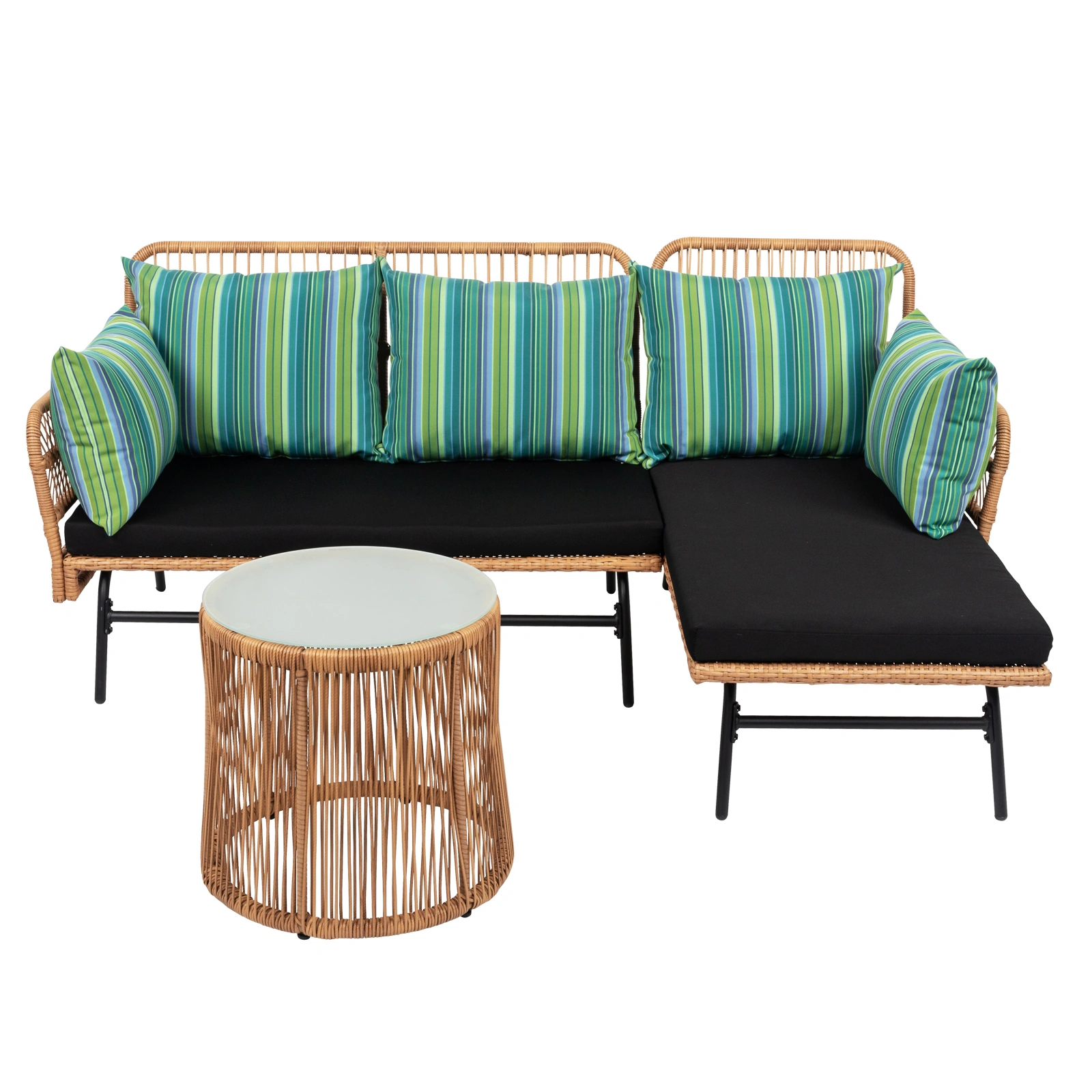 Outdoor 3-Piece Rope Woven Sectional Patio Sofa Set, L-Shaped Conversation Set w/ Thick Cushions, Detachable Lounger & Side Table for Backyard Porch view 3