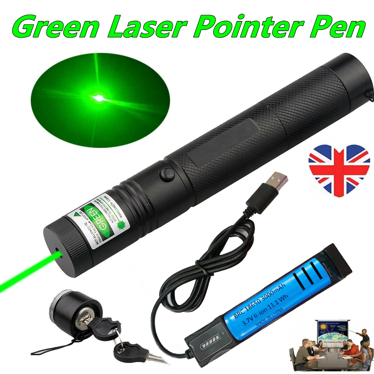 Rechargeable 532nm Green Laser Pointer Pen 1mW Visible Beam Light + Battery + USB Charger Set