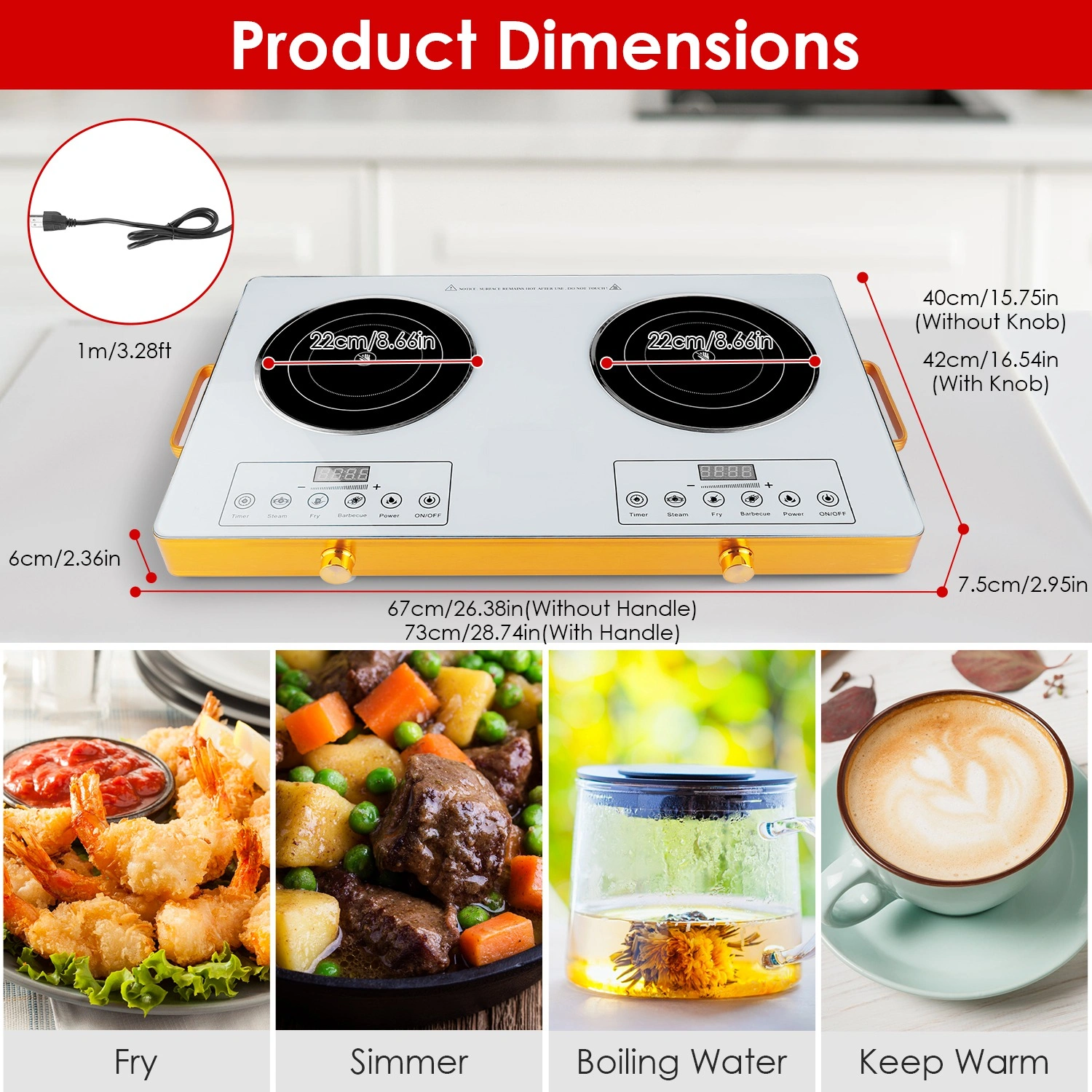 7000W Double Burner Electric Cooktop 110V, 2x3500W Rapid Heating Hot Plate with 4 Preset Modes (Steam/Fry/Barbecue/Power), 11-Level Power Control, Portable Handles & Easy-Clean Glass Surface, Fit All view 4