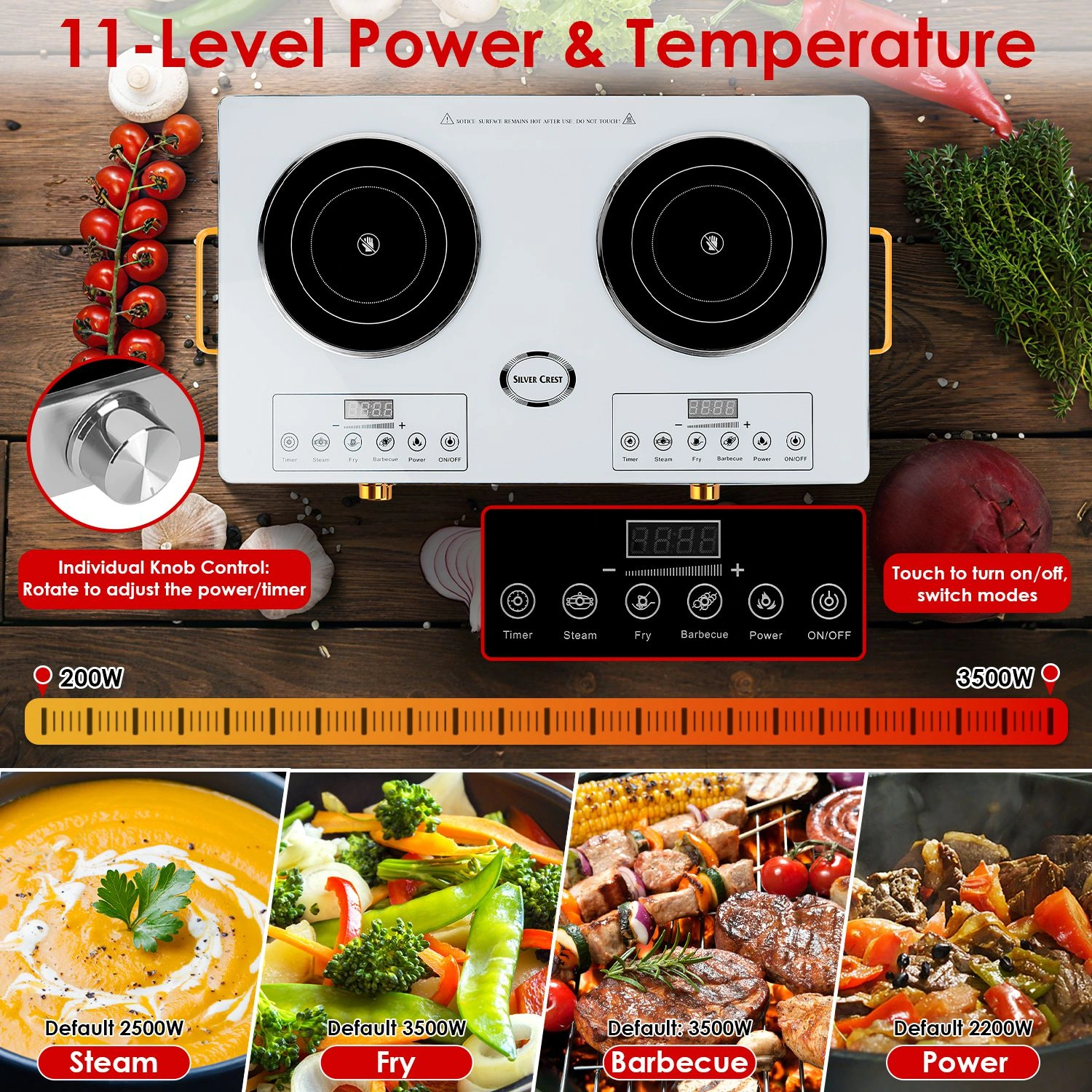 7000W Double Burner Electric Cooktop 110V, 2x3500W Rapid Heating Hot Plate with 4 Preset Modes (Steam/Fry/Barbecue/Power), 11-Level Power Control, Portable Handles & Easy-Clean Glass Surface, Fit All view 7