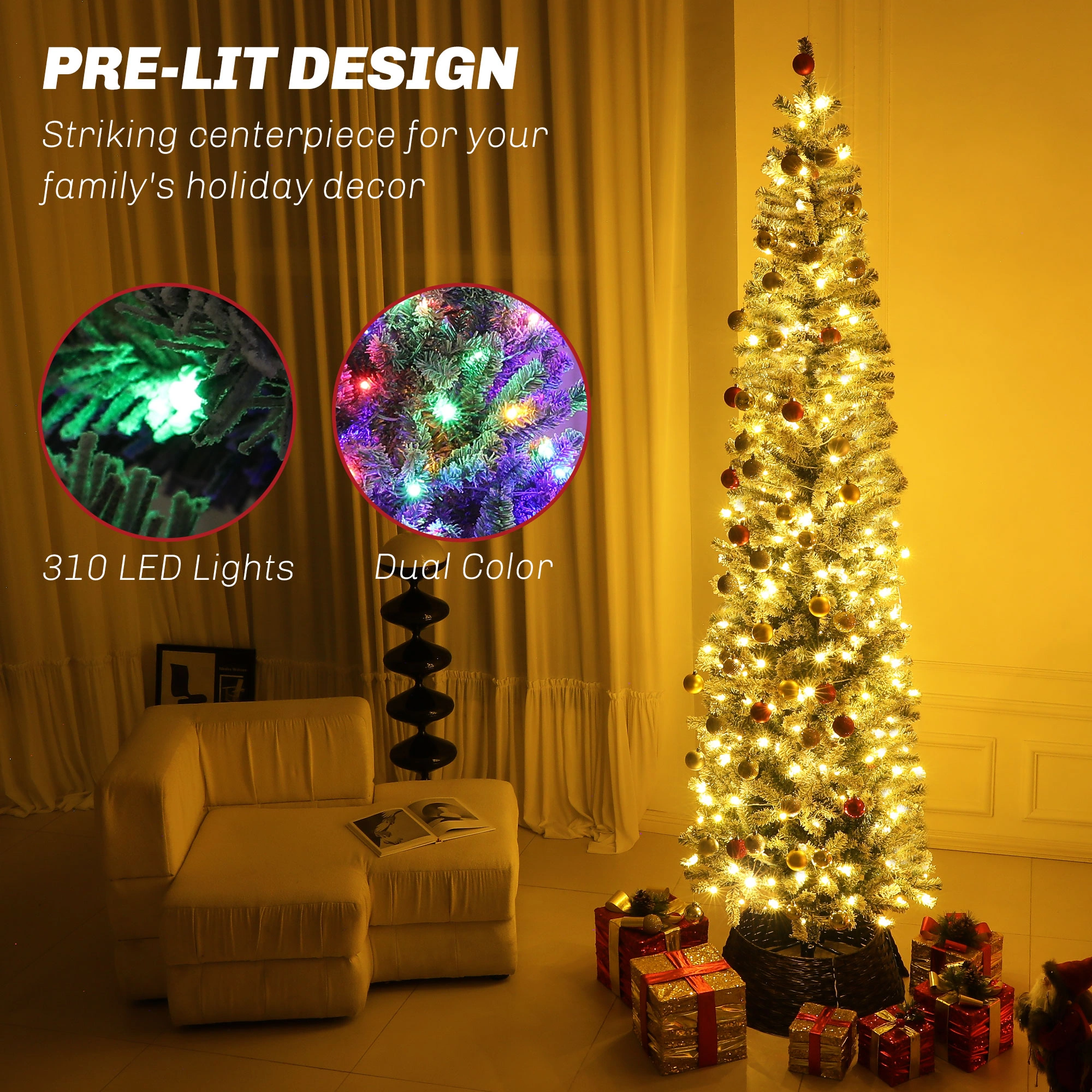 7FT Christmas Tree Pre-Lit with LED Lights, Full Full-Flocked Artificial Pine Tree with Hinged Branches, Household & Party Holiday Decor view 3