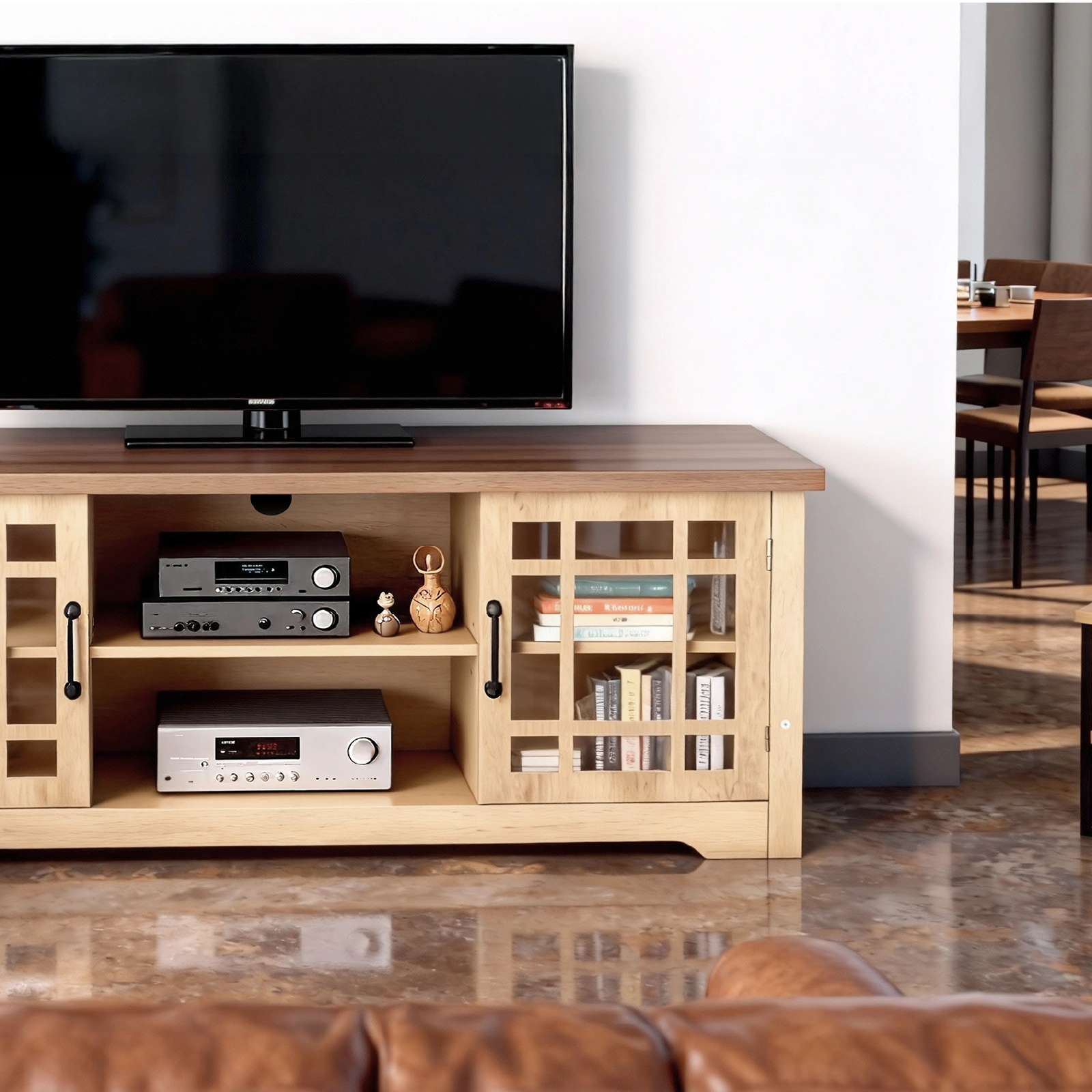 57.87 Inch TV Stand with Deep Brown Top & Natural Wood Cabinet - Double Glass Door Media Console, Laminate Particle Board Entertainment Center for TVs Up to 65 Inches view 12