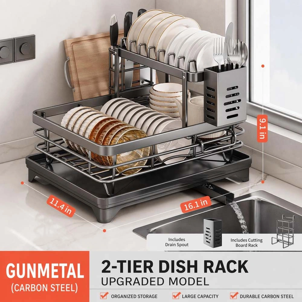 Foldable Over Sink Dish Drying Rack|Pull-Out 2-Tier Dish Drainer with Utensil Holder|Space Saving Kitchen Organizer for Small Kitchens view 7