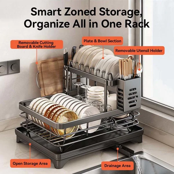Foldable Over Sink Dish Drying Rack|Pull-Out 2-Tier Dish Drainer with Utensil Holder|Space Saving Kitchen Organizer for Small Kitchens view 4
