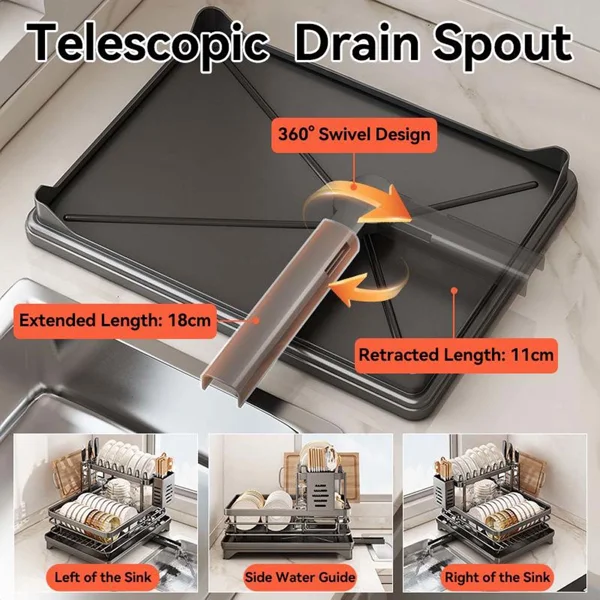 Foldable Over Sink Dish Drying Rack|Pull-Out 2-Tier Dish Drainer with Utensil Holder|Space Saving Kitchen Organizer for Small Kitchens view 6