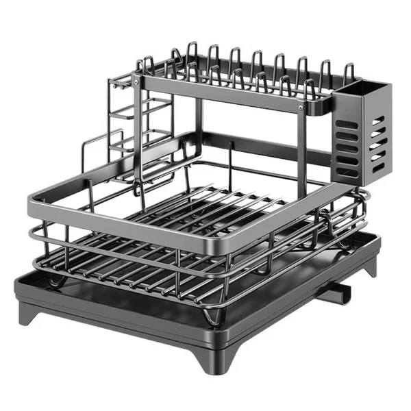 Foldable Over Sink Dish Drying Rack|Pull-Out 2-Tier Dish Drainer with Utensil Holder|Space Saving Kitchen Organizer for Small Kitchens