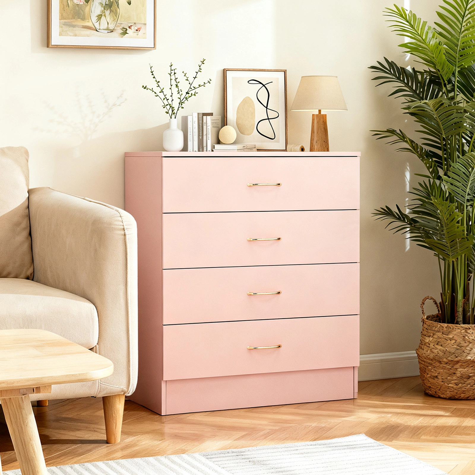 Nail polish powder textured surface, particleboard with melamine veneer, 66*33*73mm, four-drawer cabinet, faux rose gold handles view 7