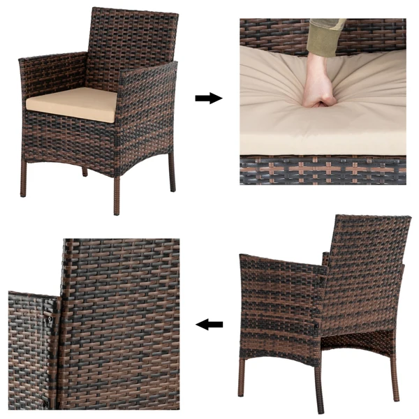 2pcs Arm Chairs 1pc Love Seat & Tempered Glass Coffee Table Rattan Sofa Set Brown Gradient view 3