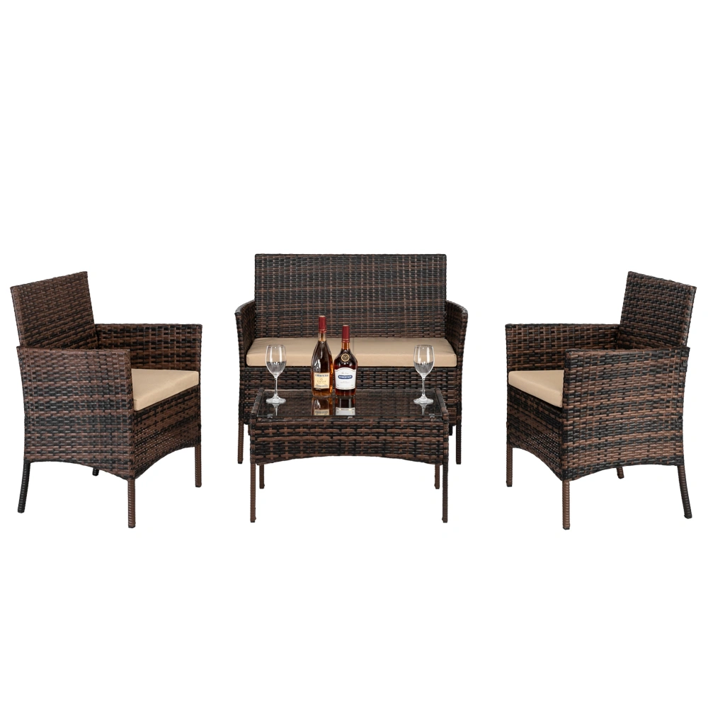 2pcs Arm Chairs 1pc Love Seat & Tempered Glass Coffee Table Rattan Sofa Set Brown Gradient view 20