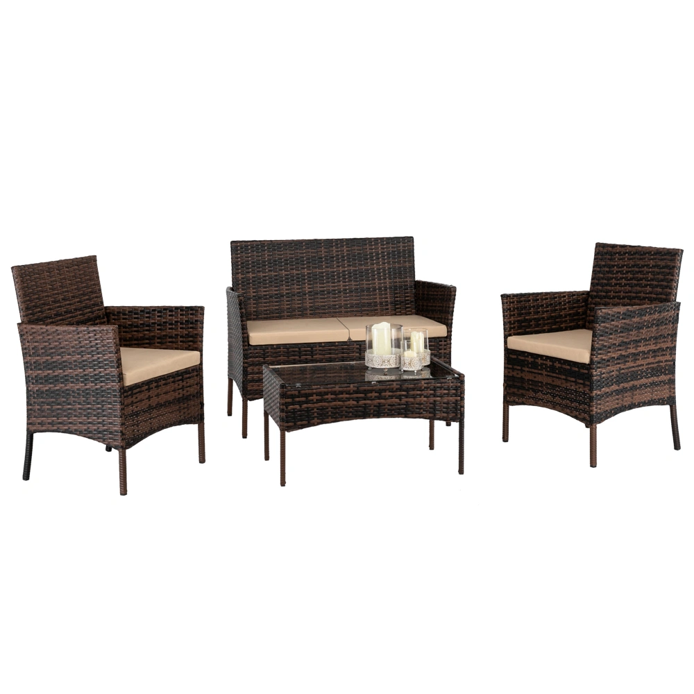 2pcs Arm Chairs 1pc Love Seat & Tempered Glass Coffee Table Rattan Sofa Set Brown Gradient view 25