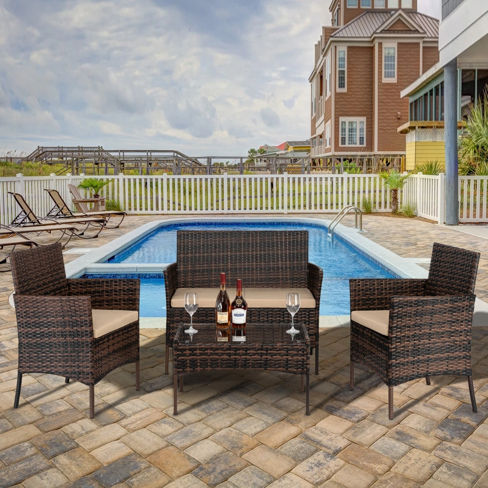 2pcs Arm Chairs 1pc Love Seat & Tempered Glass Coffee Table Rattan Sofa Set Brown Gradient view 32