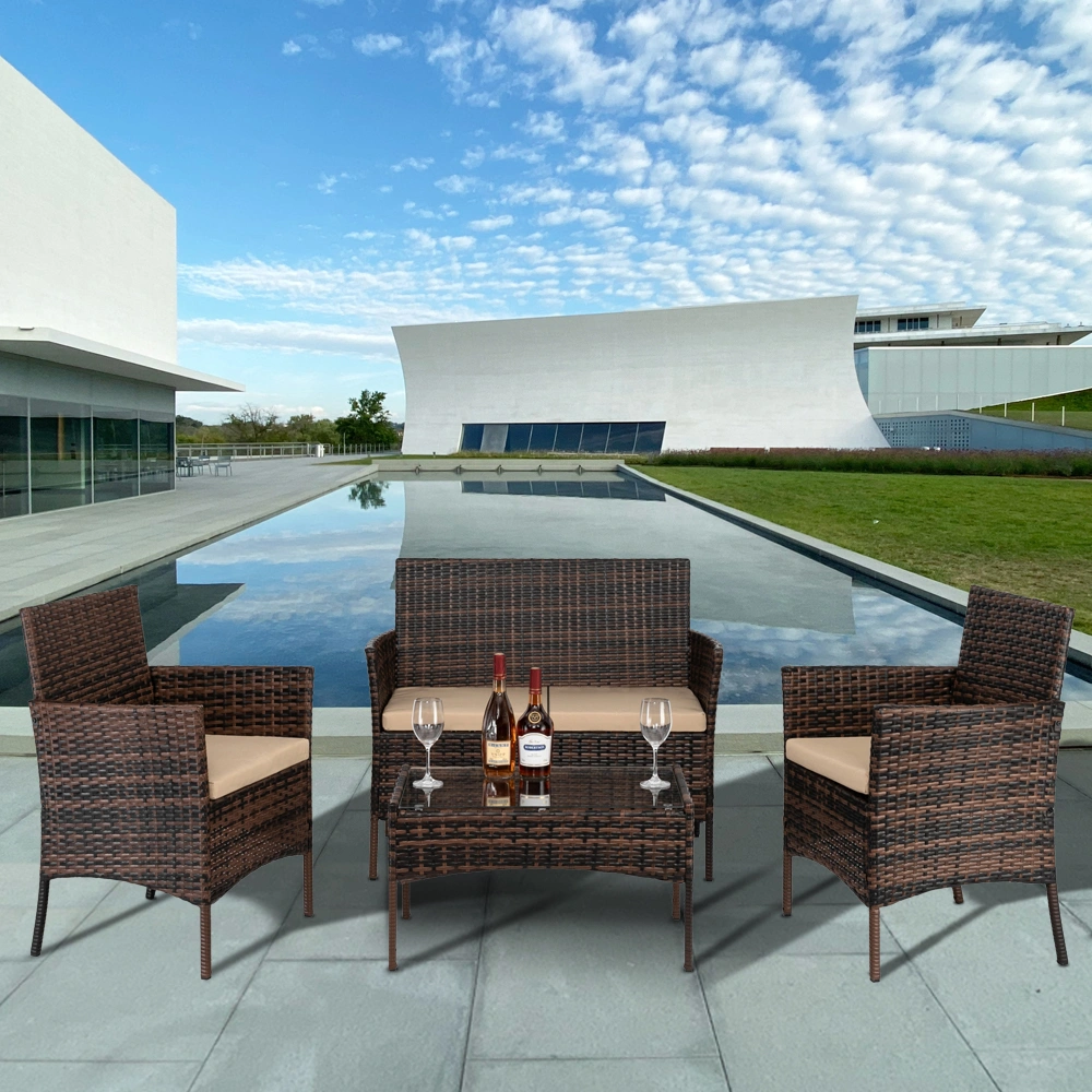 2pcs Arm Chairs 1pc Love Seat & Tempered Glass Coffee Table Rattan Sofa Set Brown Gradient view 36
