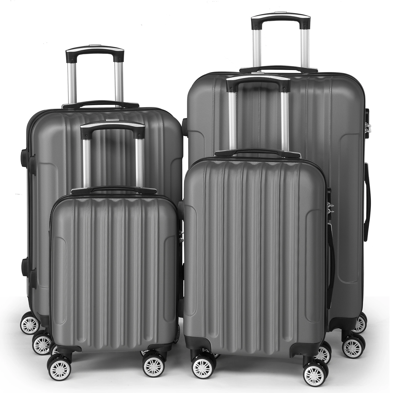 4-Piece ABS Luggage Set Vertical Stripe Spinner Suitcases 16/20/24/28 Inch, Steel Telescopic Handle, Classic Dark Grey Hard Shell Travel Bags