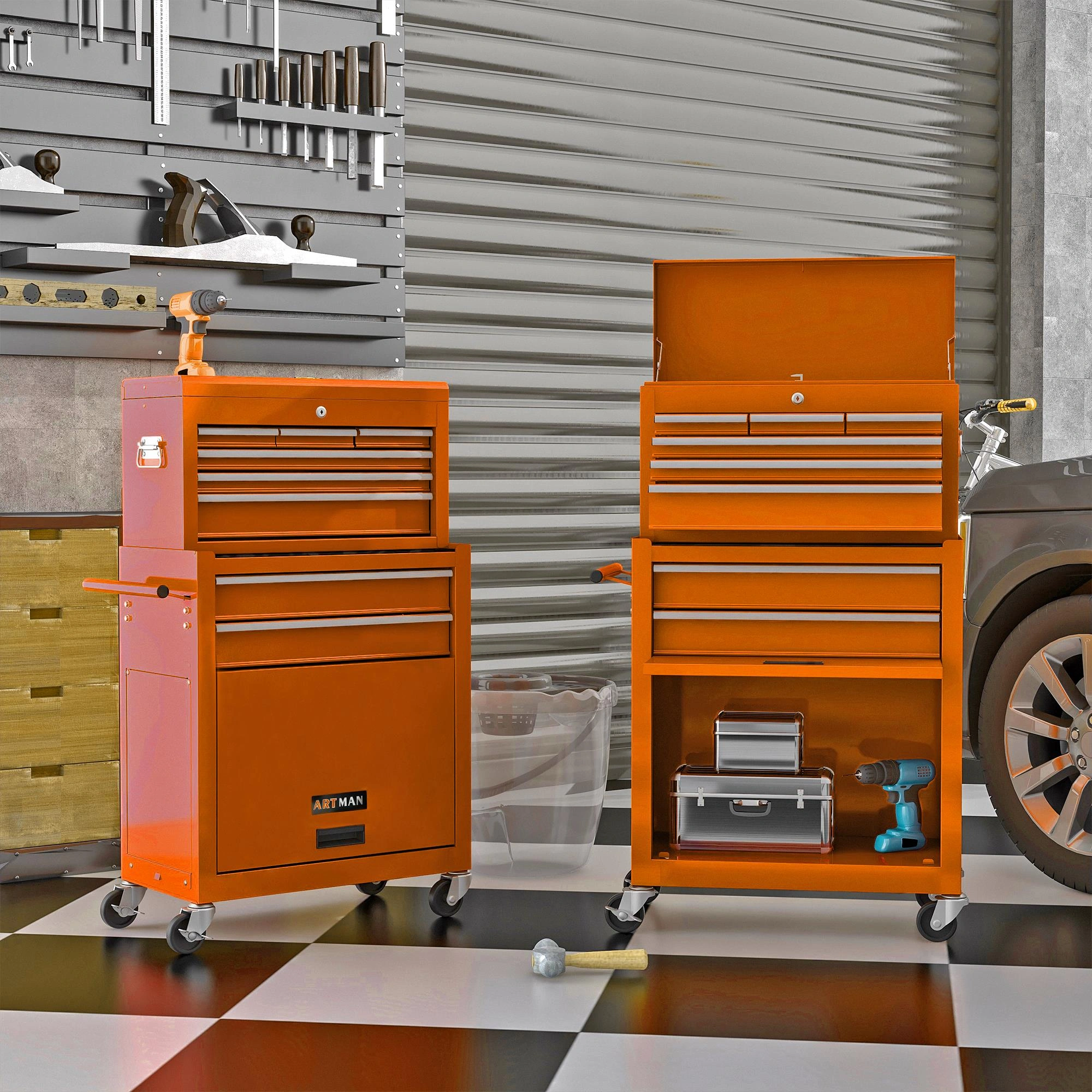8-Drawer Rolling Tool Chest Cabinet with Wheels, High Capacity Orange Tool Storage Box with Lockable Drawers, Mobile Workshop Organizer view 10