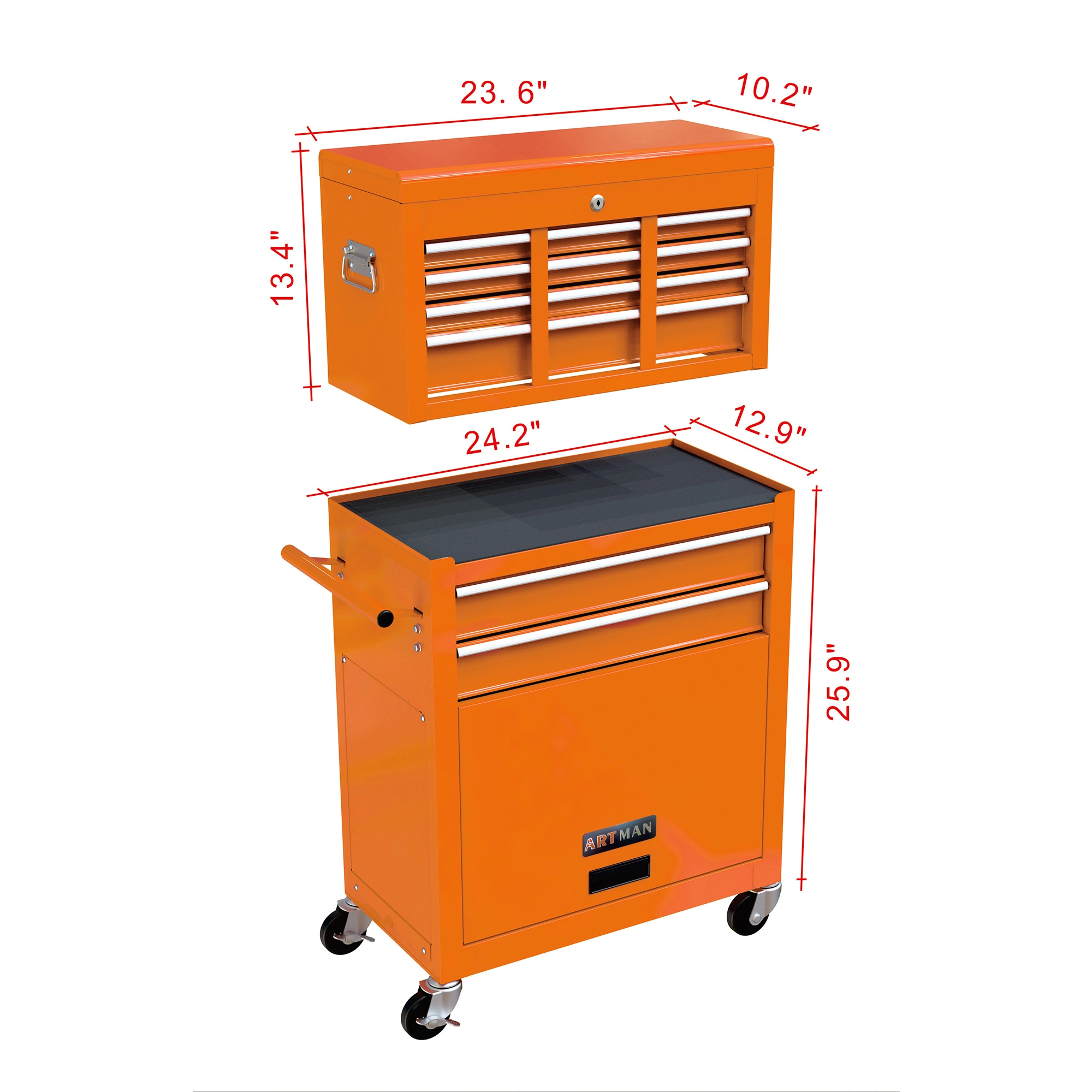 8-Drawer Rolling Tool Chest Cabinet with Wheels, High Capacity Orange Tool Storage Box with Lockable Drawers, Mobile Workshop Organizer view 16